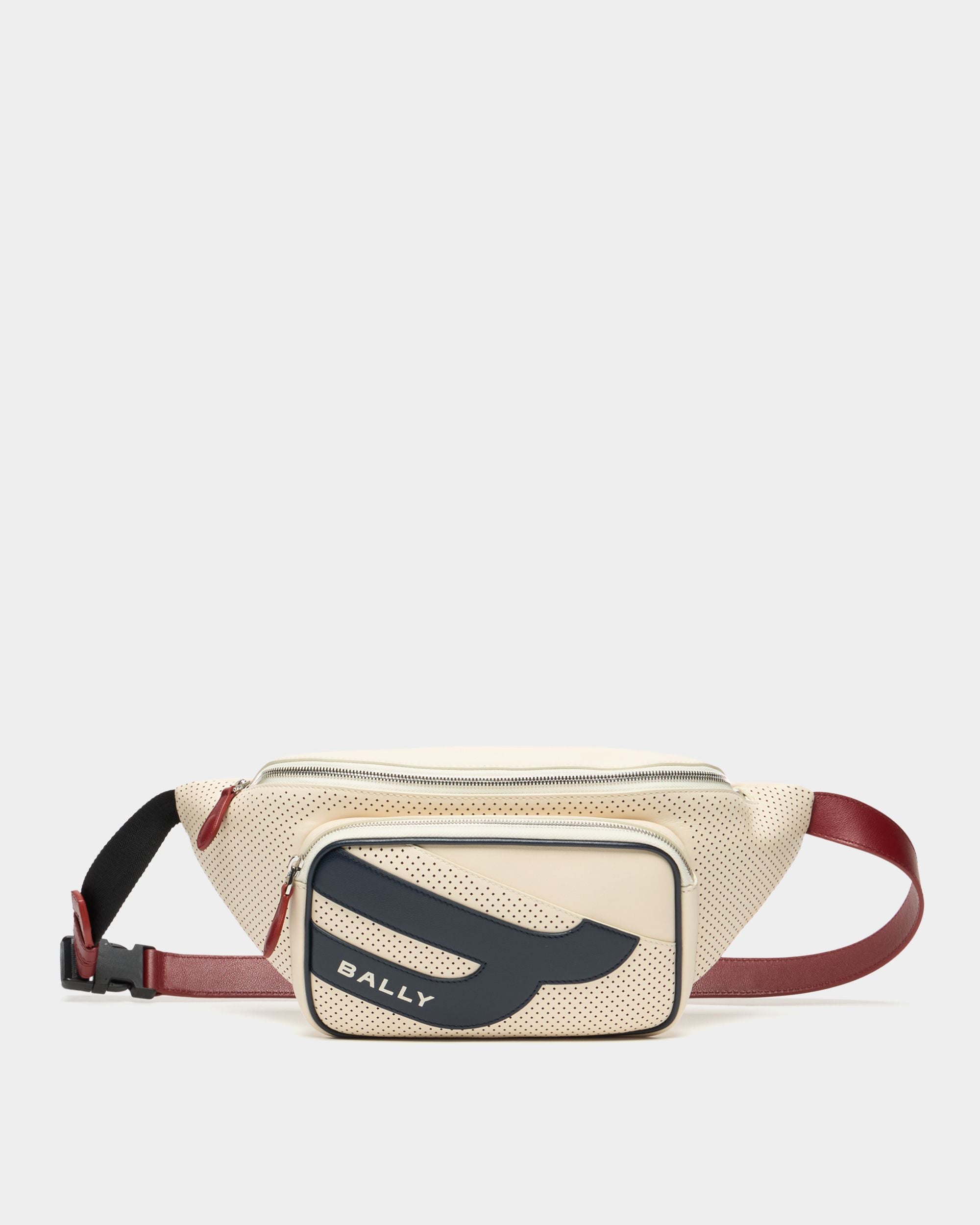 Men's White Tennis Collection Bum Bag in Ivory Perforated Leather