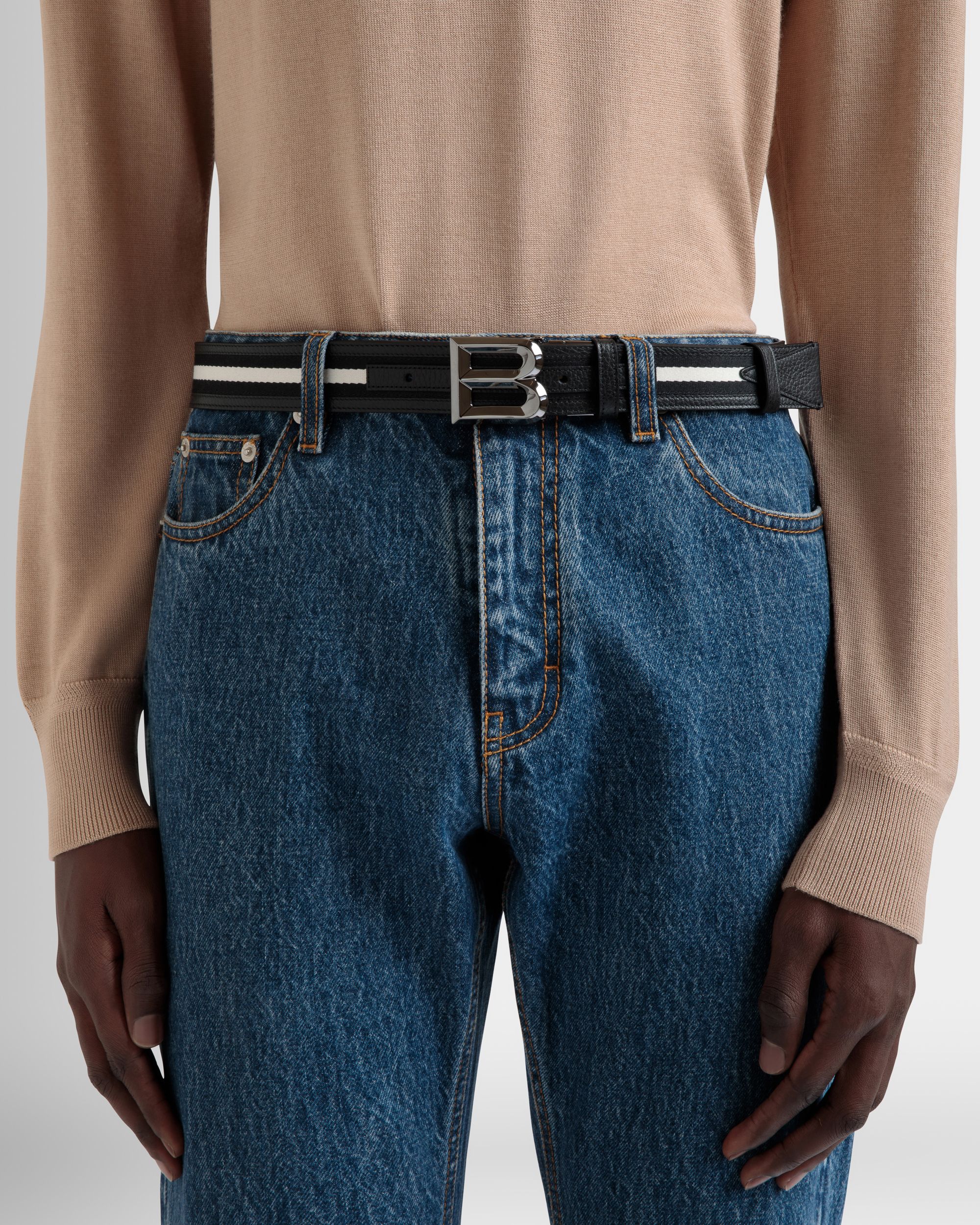 Bally Global - Ceinture B Bold 35 mm Réversible En Tissu Et Cuir Noir Et Blanc - Noir