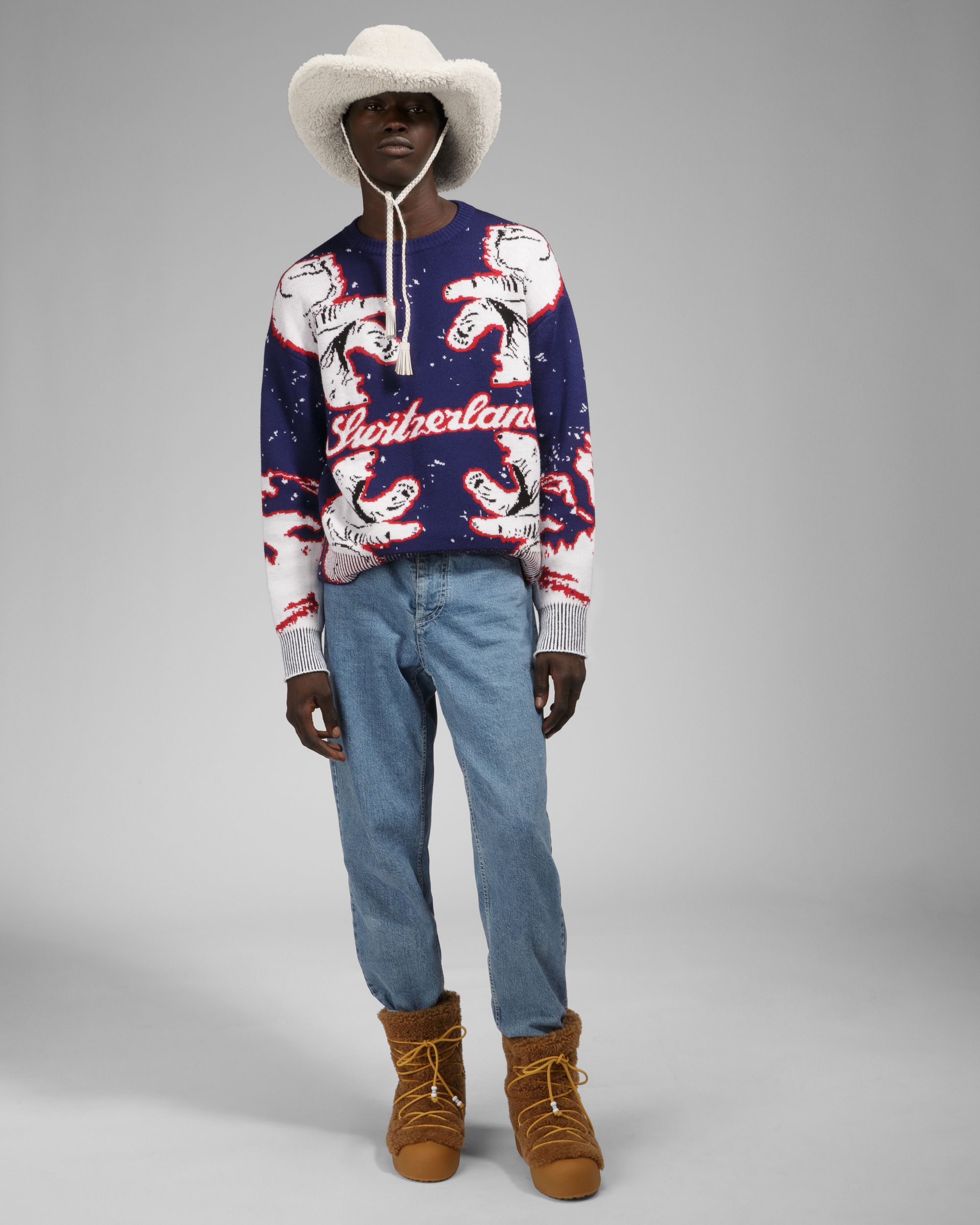 Bally Global - Merino Wool Crew Neck In Navy & Bone - Multicolore