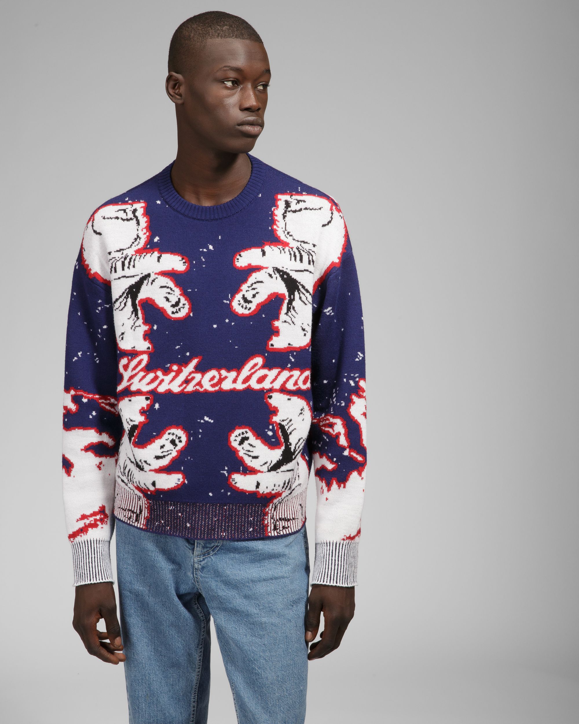 Bally Global - Merino Wool Crew Neck In Navy & Bone - Multicolore