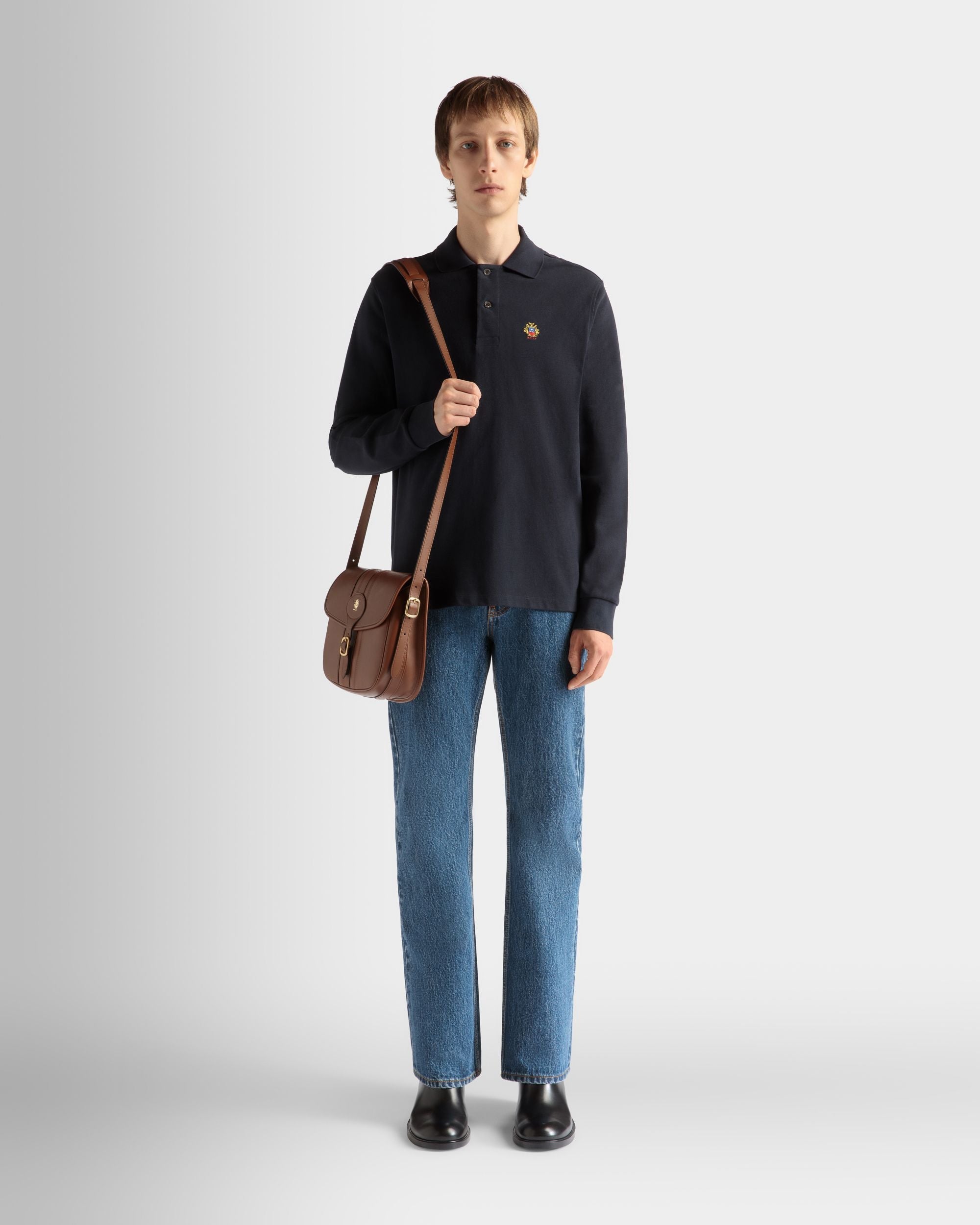 Bally Global - Long Sleeve Polo Shirt in Navy Blue Cotton - Blue