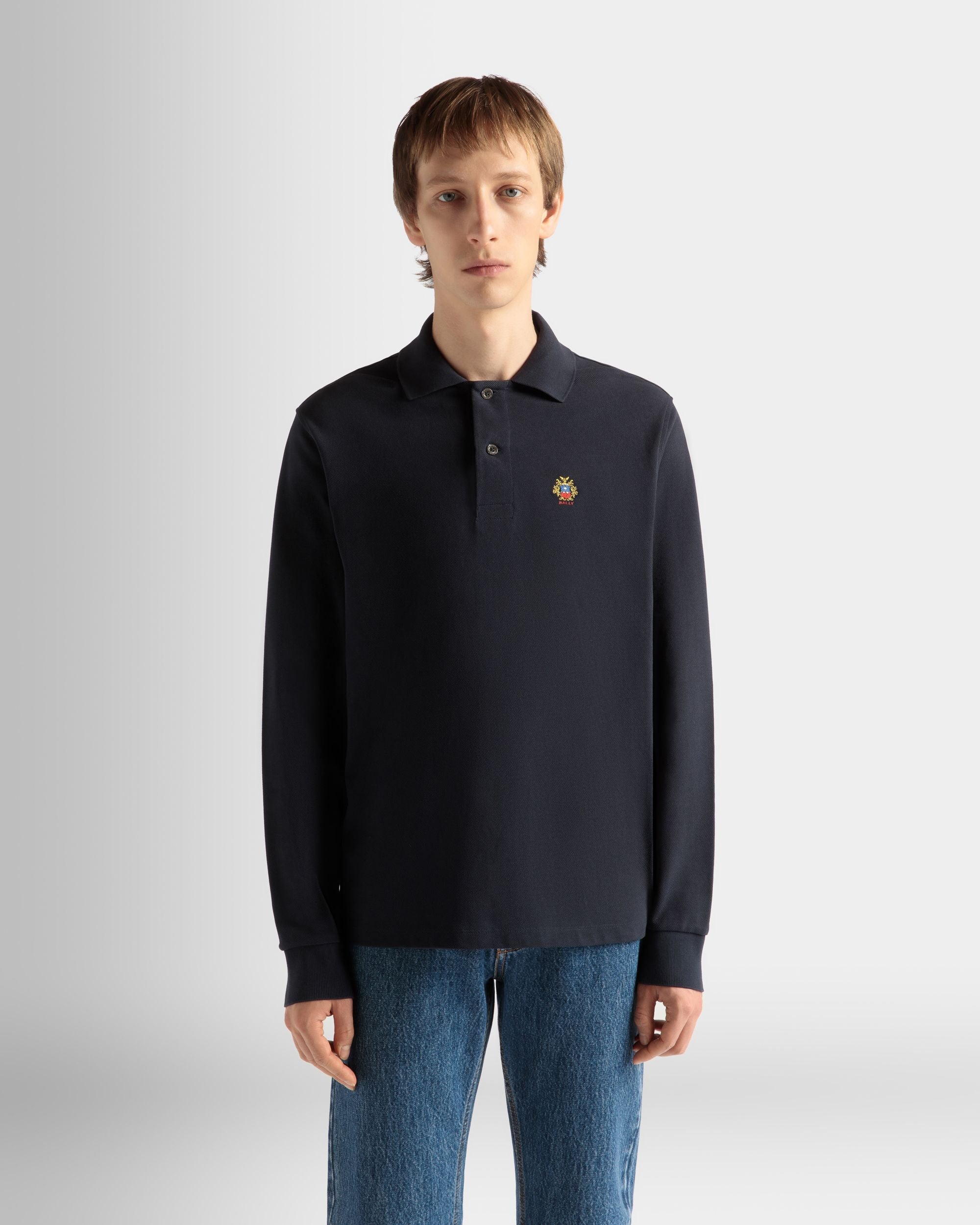 Bally Global - Long Sleeve Polo Shirt in Navy Blue Cotton - Blue