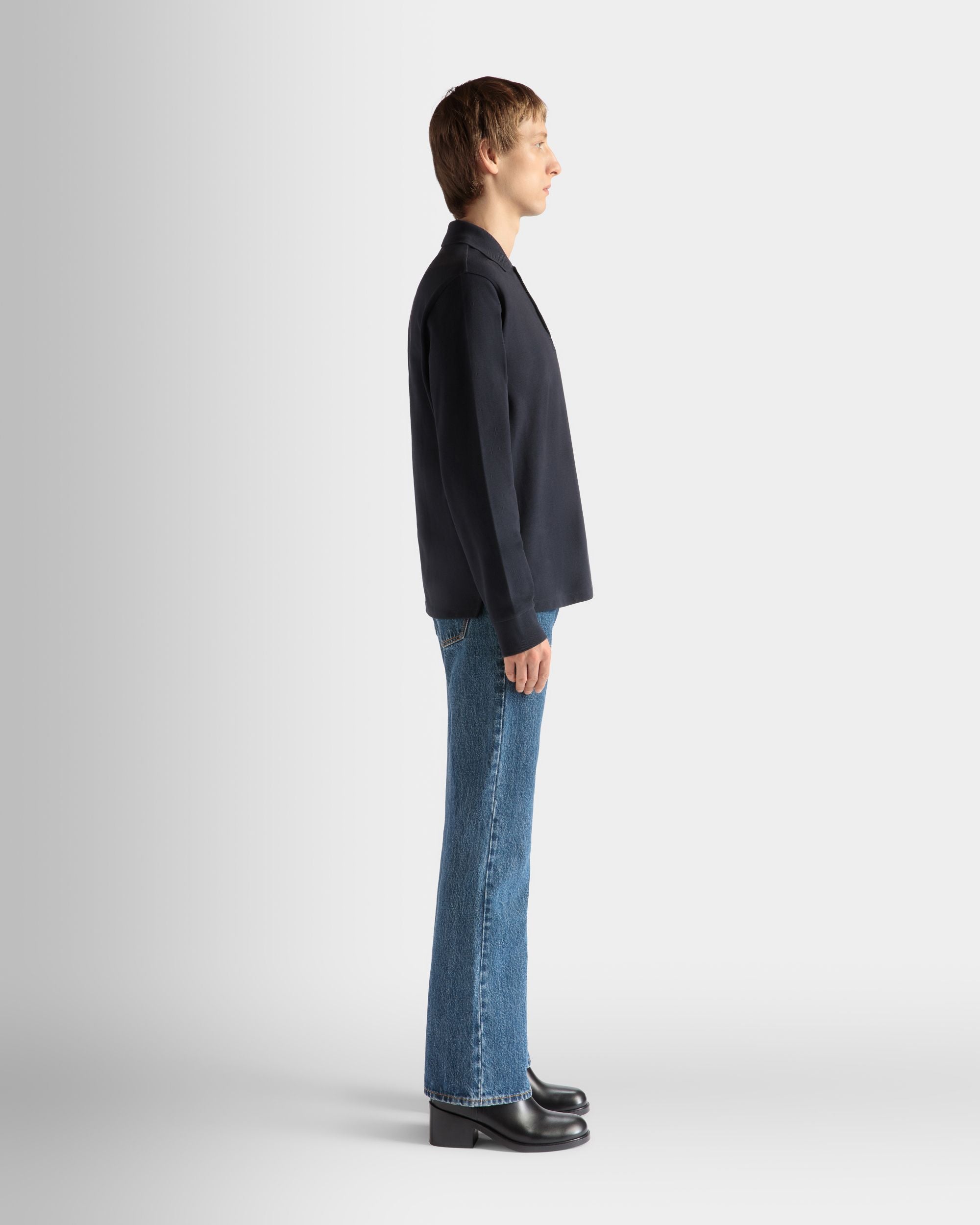 Bally Global - Long Sleeve Polo Shirt in Navy Blue Cotton - Blue