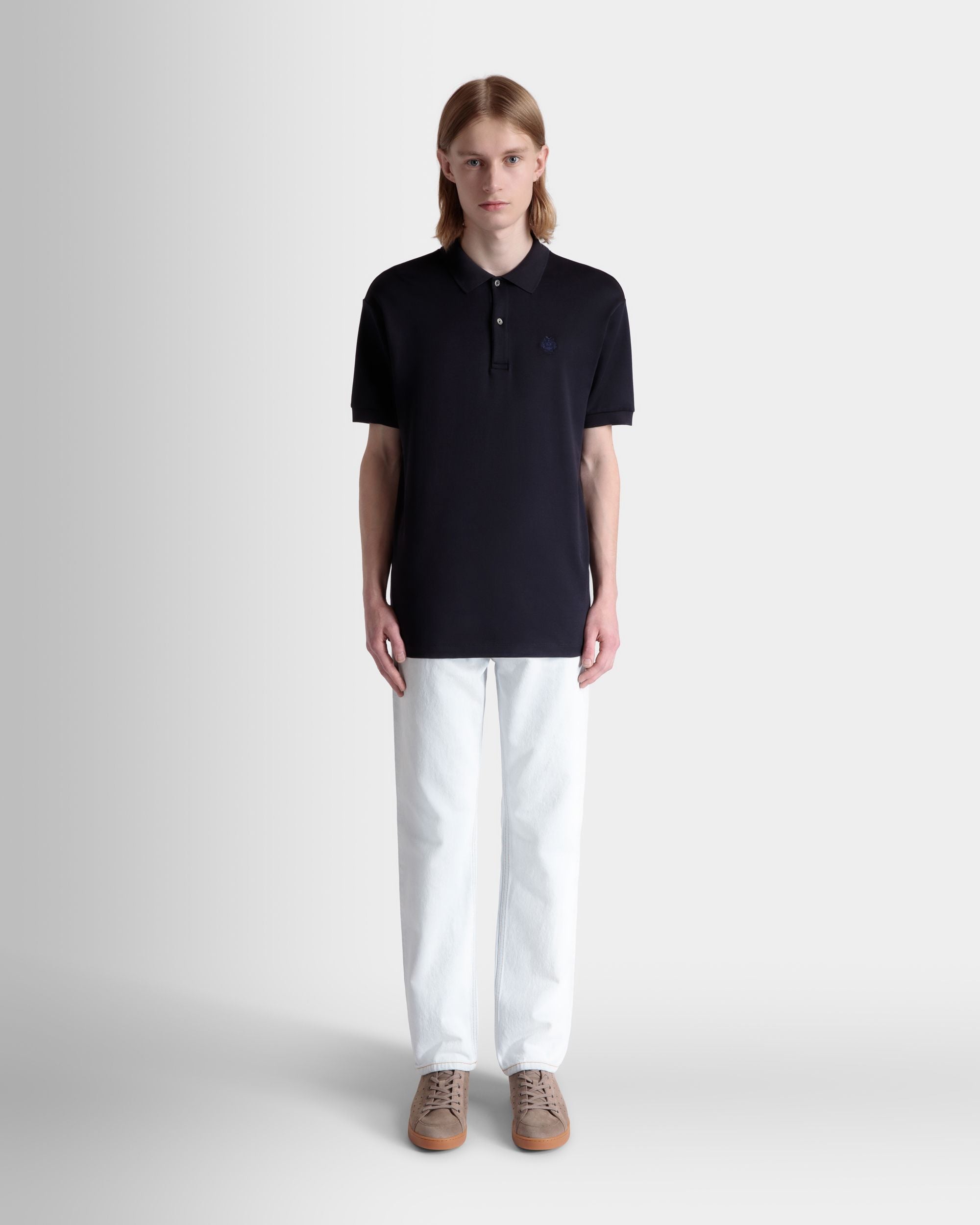 Bally Global - Short Sleeve Polo With a Bally Crest Logo in a Navy Blue Cotton Silk Blend - Azul