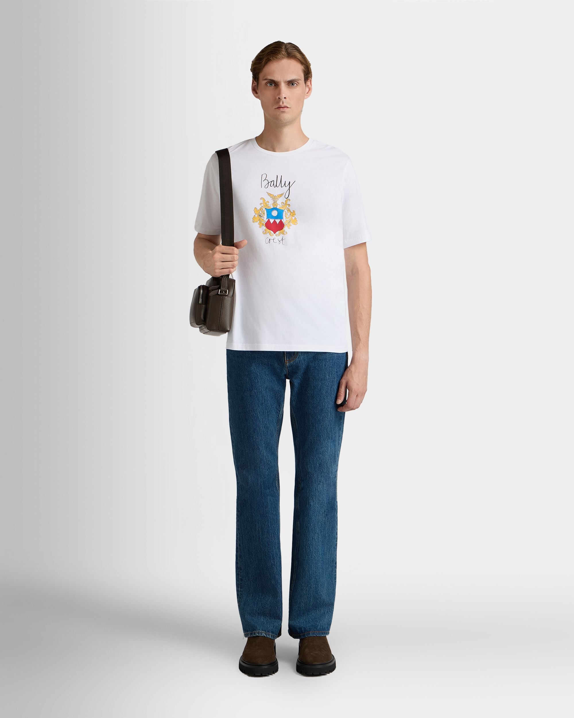 Bally Global - T-Shirt in White Cotton with a Bally Crest - White
