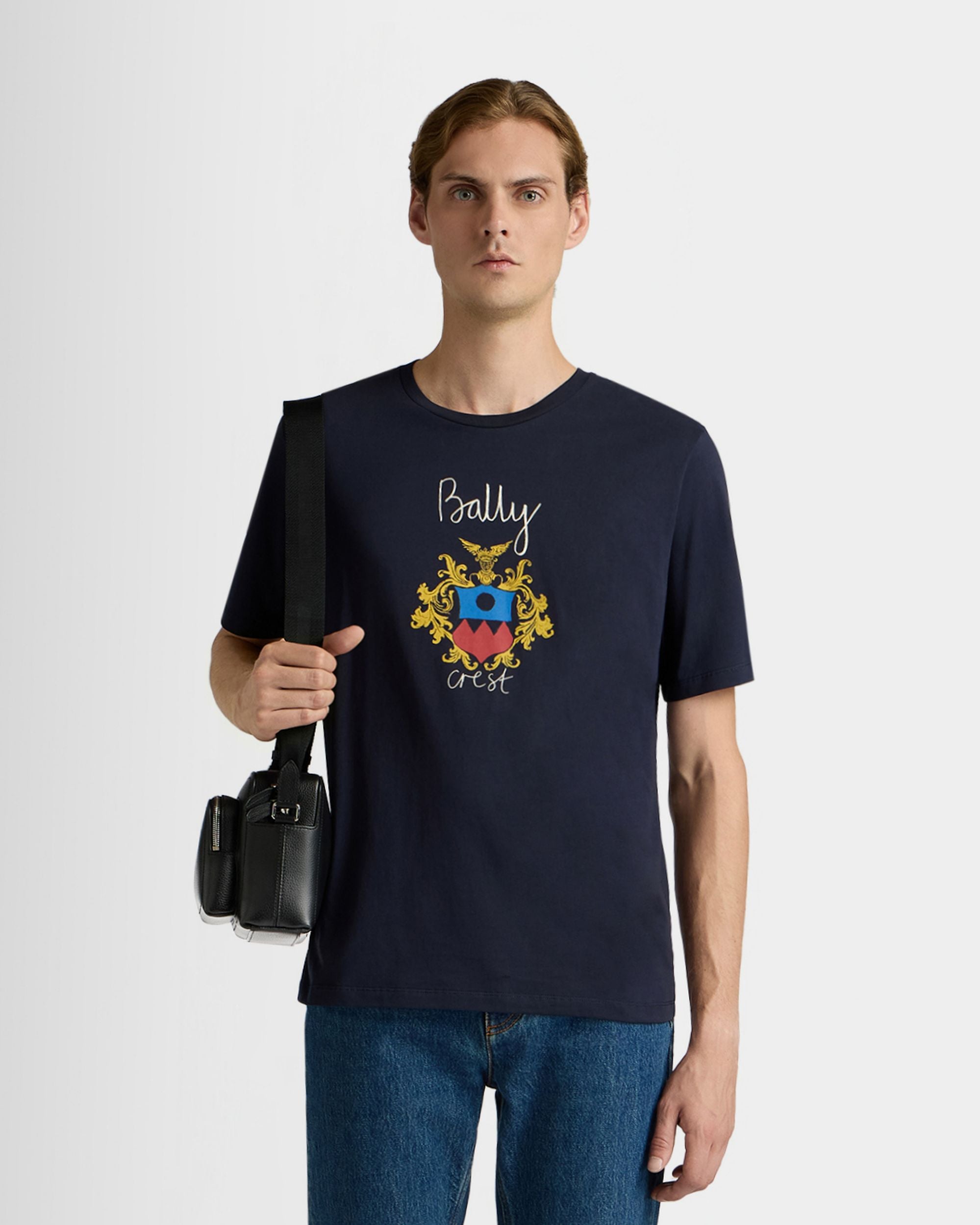 Bally Global - T-Shirt in Navy Blue Cotton with a Bally Crest - Blue