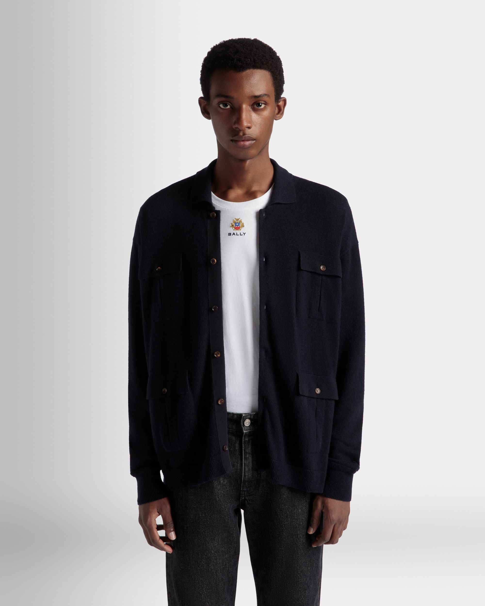 Bally Global - Long Sleeve Shirt With Logo In Navy Blue Cashmere - Blue