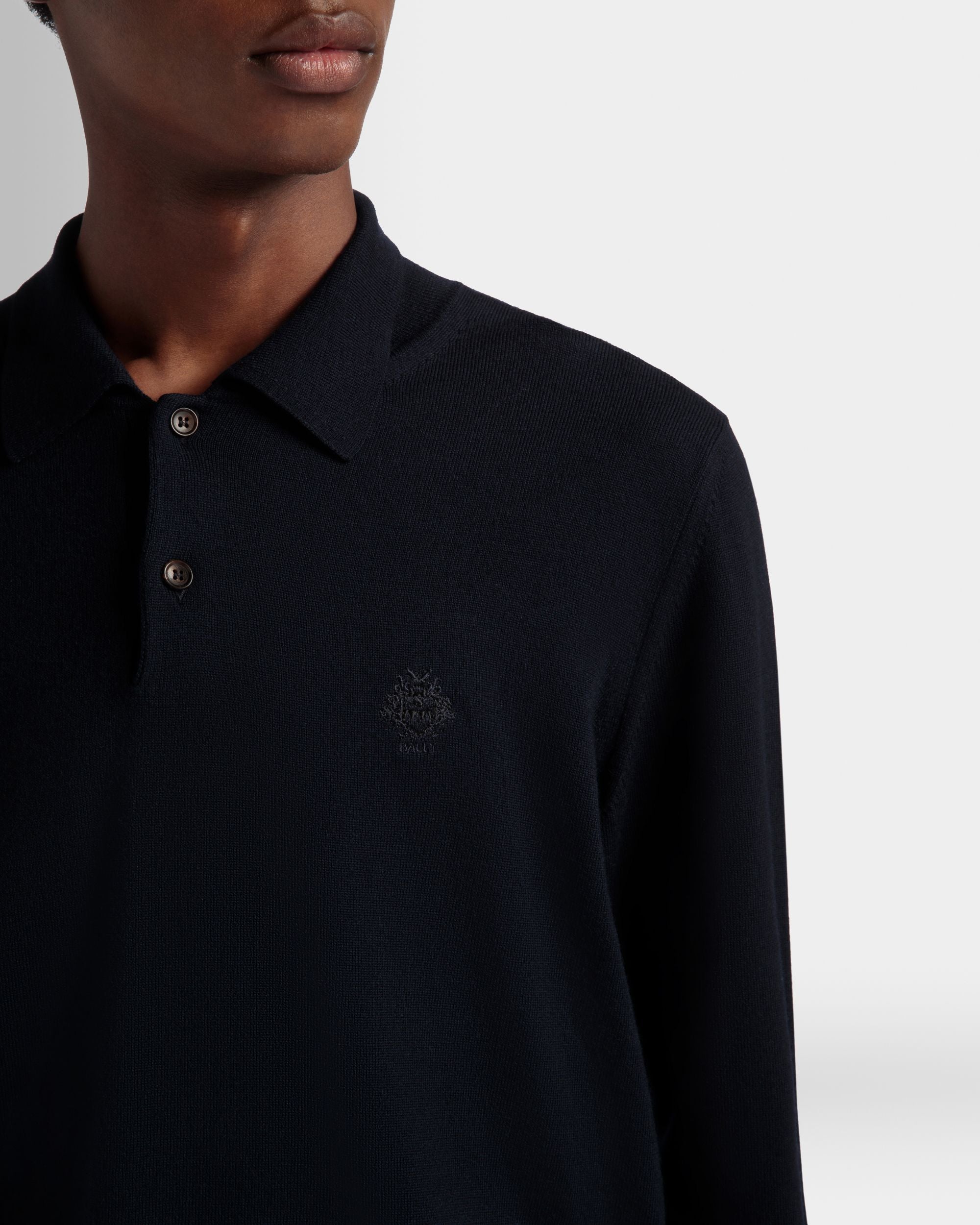 Bally Global - Long Sleeve Polo With Bally Crest Logo In Navy Blue Wool - Blue