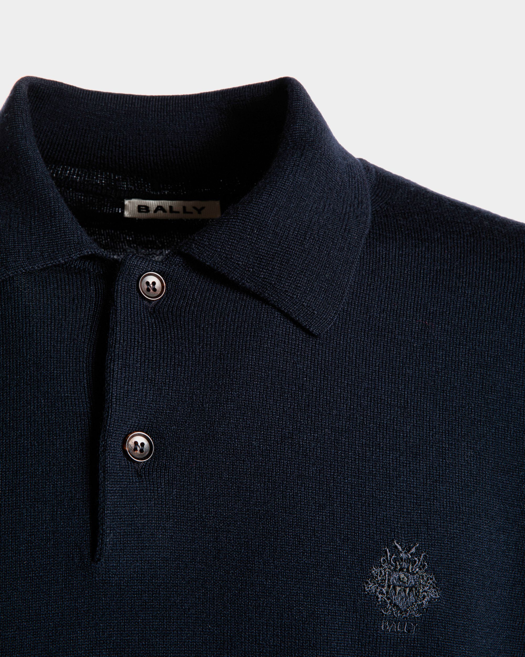 Bally Global - Long Sleeve Polo With Bally Crest Logo In Navy Blue Wool - Blue
