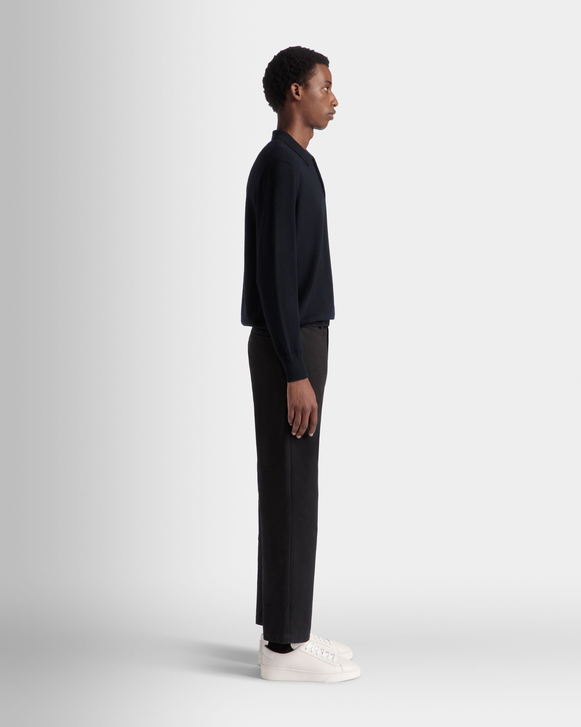 Bally Global - Long Sleeve Polo With Bally Crest Logo In Navy Blue Wool - Blue