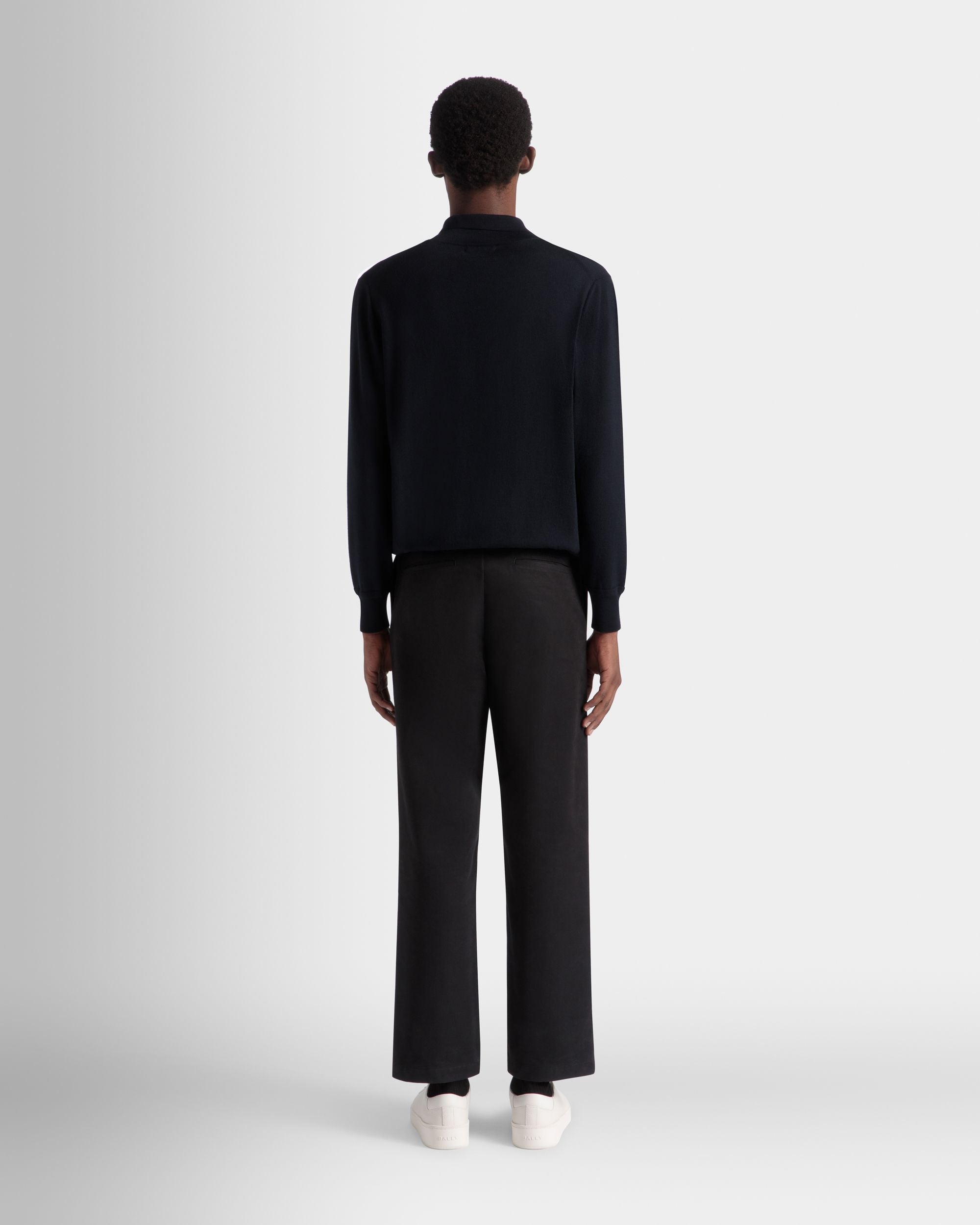 Bally Global - Long Sleeve Polo With Bally Crest Logo In Navy Blue Wool - Blue