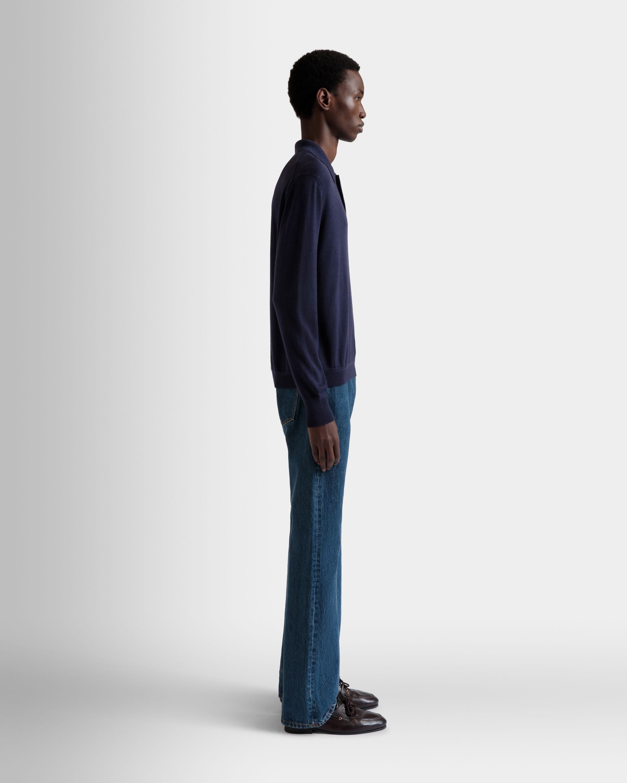 Bally Global - Long Sleeve Polo With Bally Crest Logo in Navy Blue Cashmere Blend - Blue