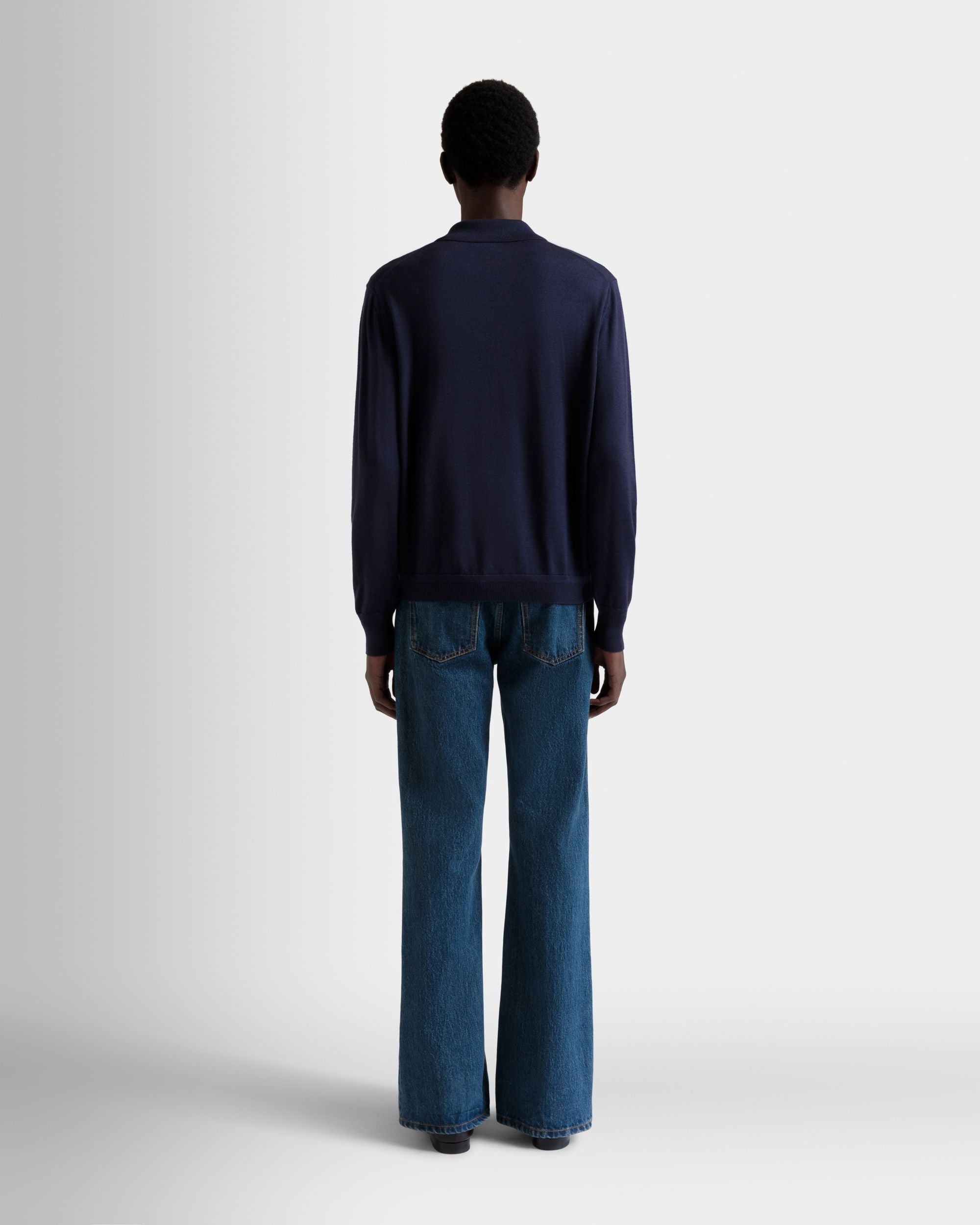 Bally Global - Long Sleeve Polo With Bally Crest Logo in Navy Blue Cashmere Blend - Blue