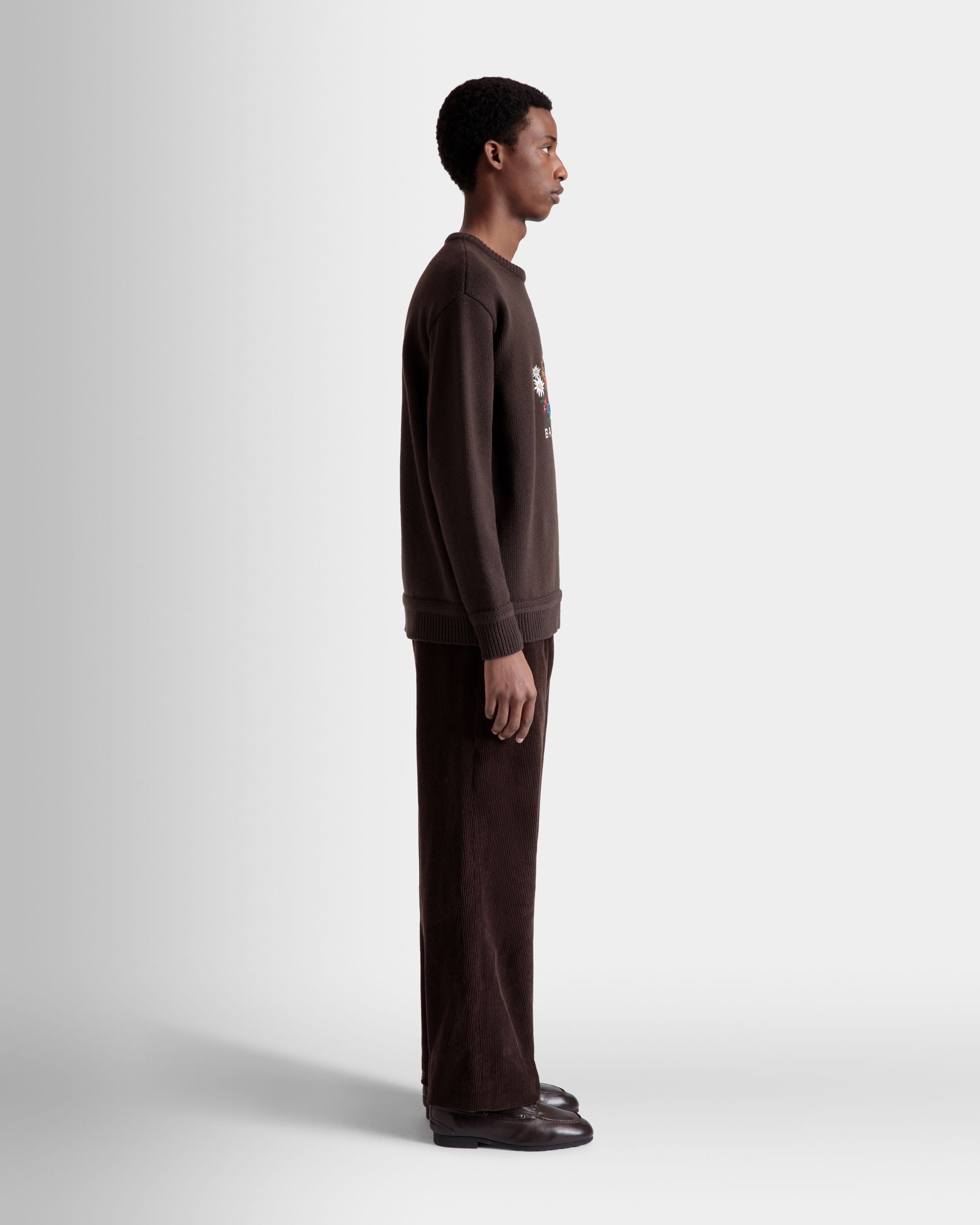 Bally Global - Winter Capsule Crewneck Sweater With Alpine Flowers in Ebano Wool - Brown