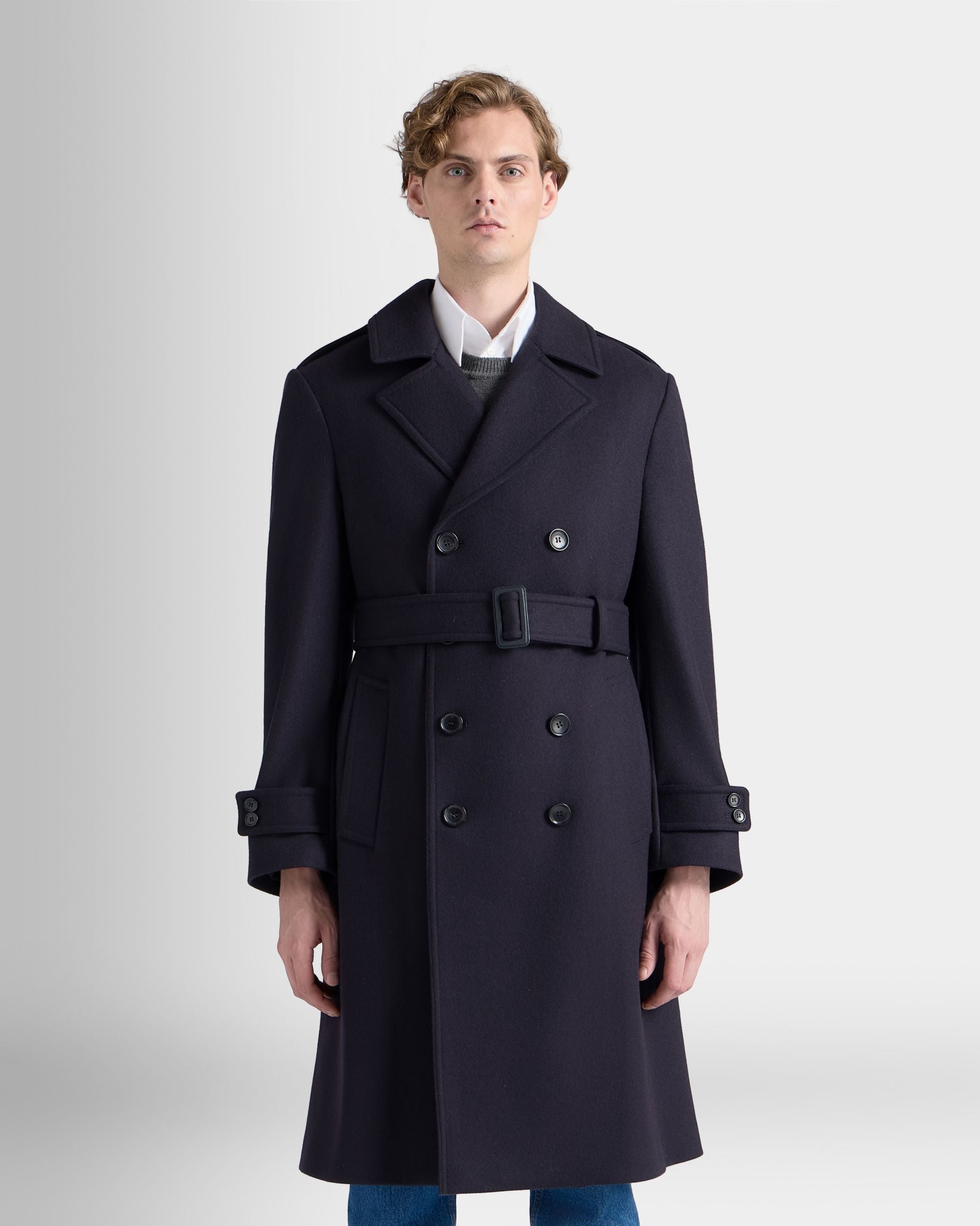 Bally Global - Trench En Laine Mélangée Navy Blue - Bleu