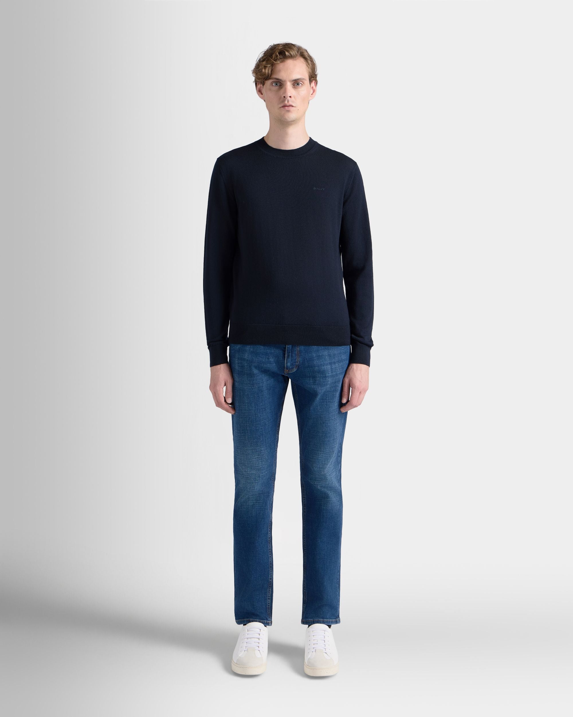 Bally Global - Crewneck Sweater in Navy Blue Wool - Blue