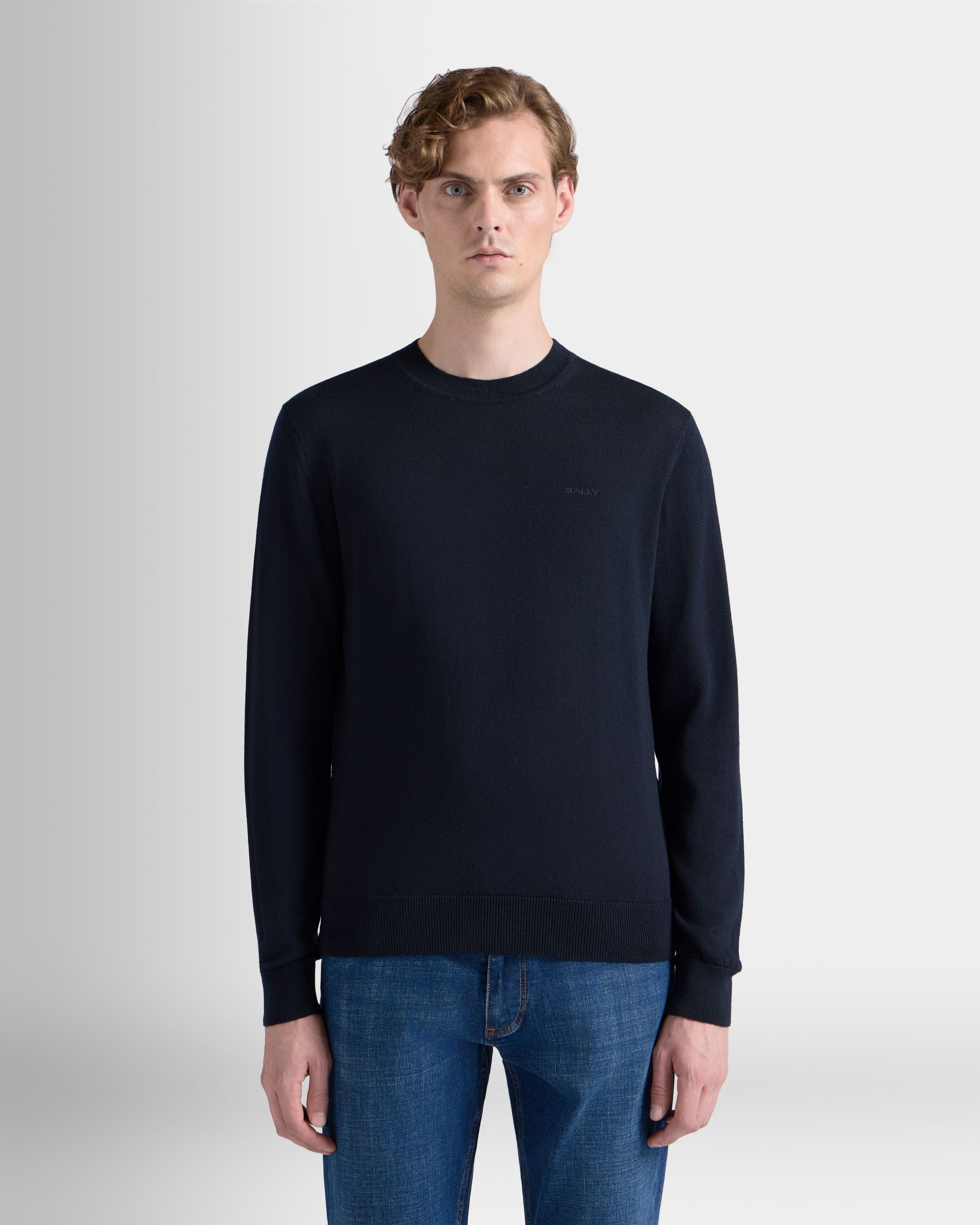 Bally Global - Crewneck Sweater in Navy Blue Wool - Blue