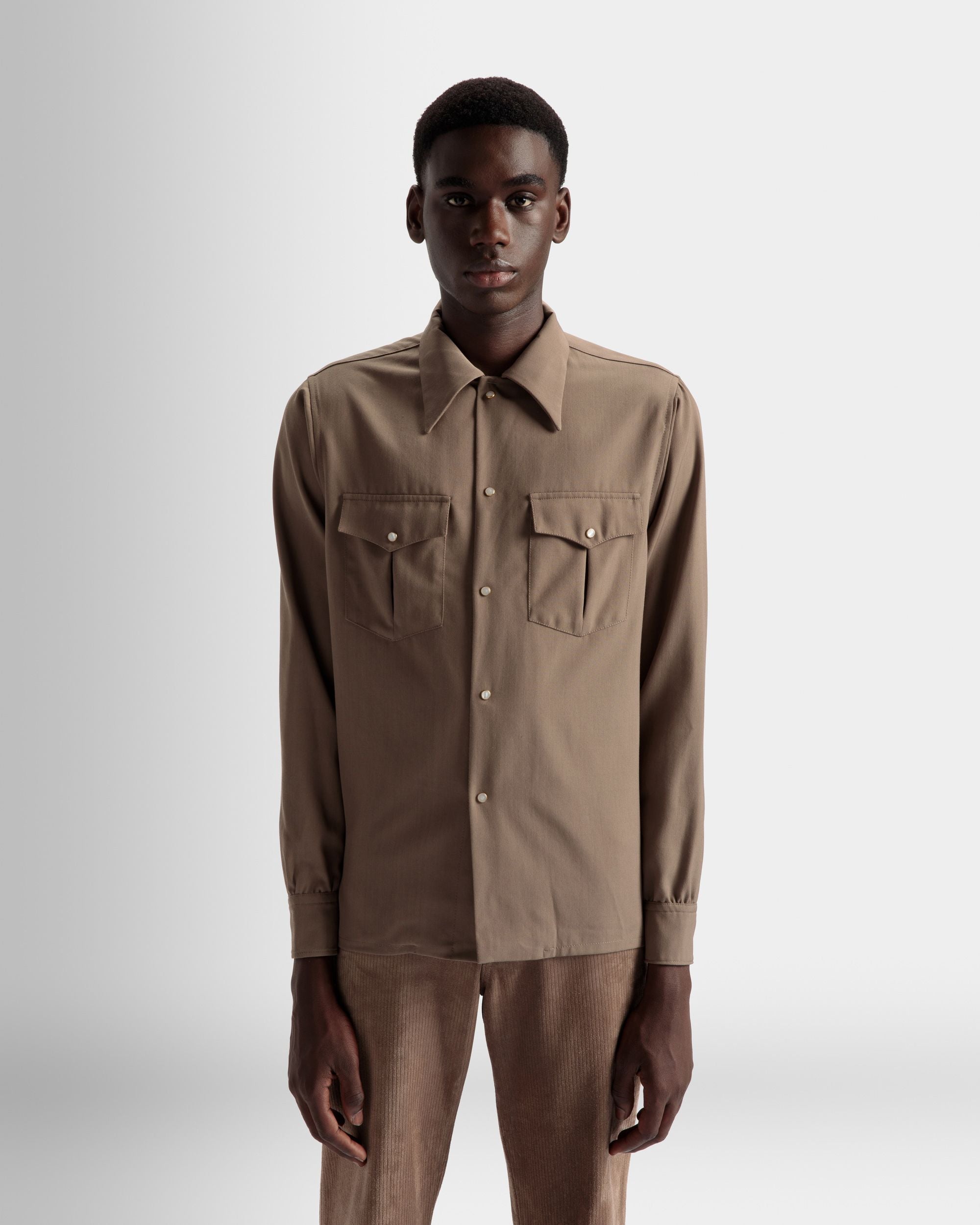 Bally Global - Pointed Collar Shirt In Sepia Wool Mix - Brown