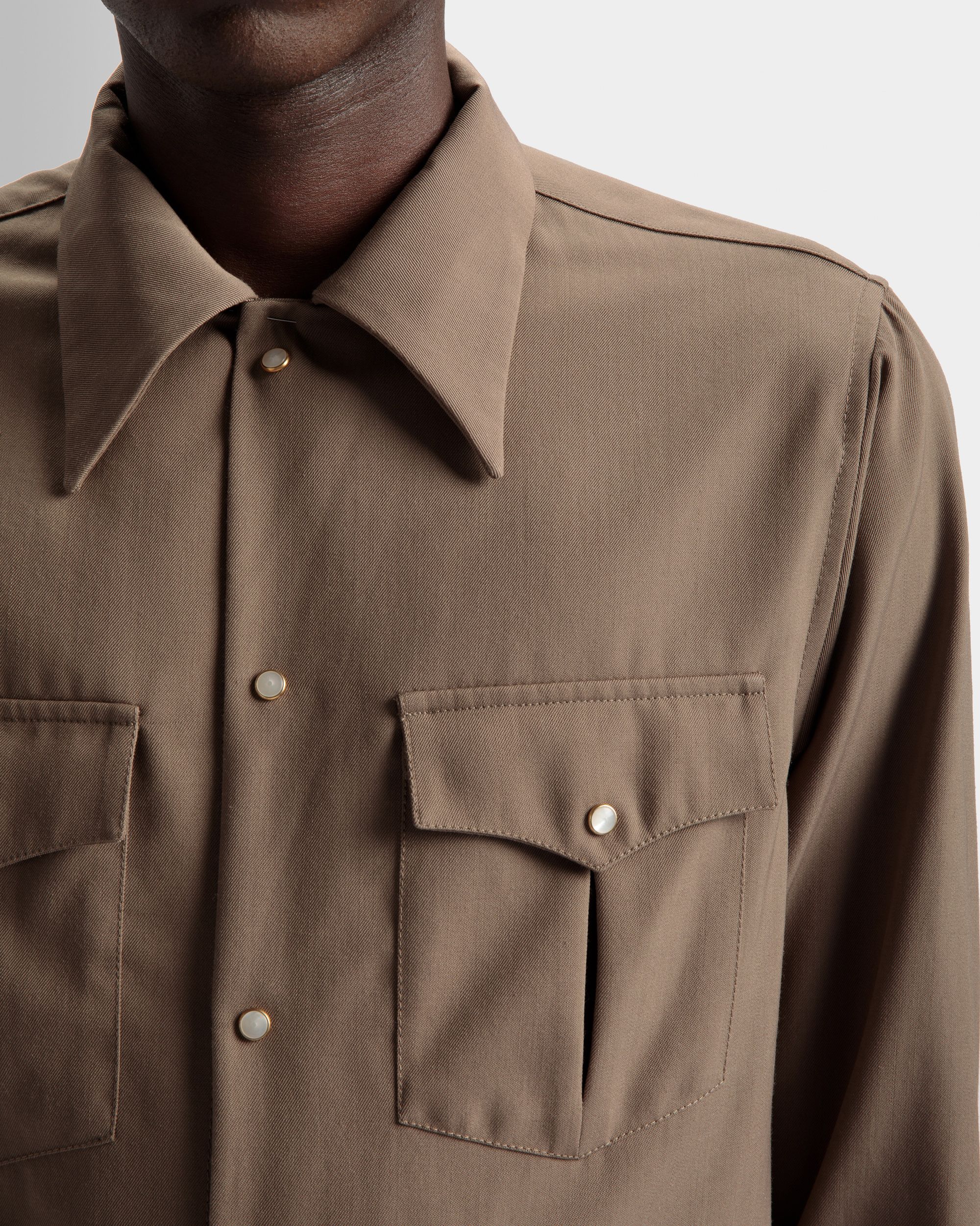Bally Global - Pointed Collar Shirt In Sepia Wool Mix - Brown