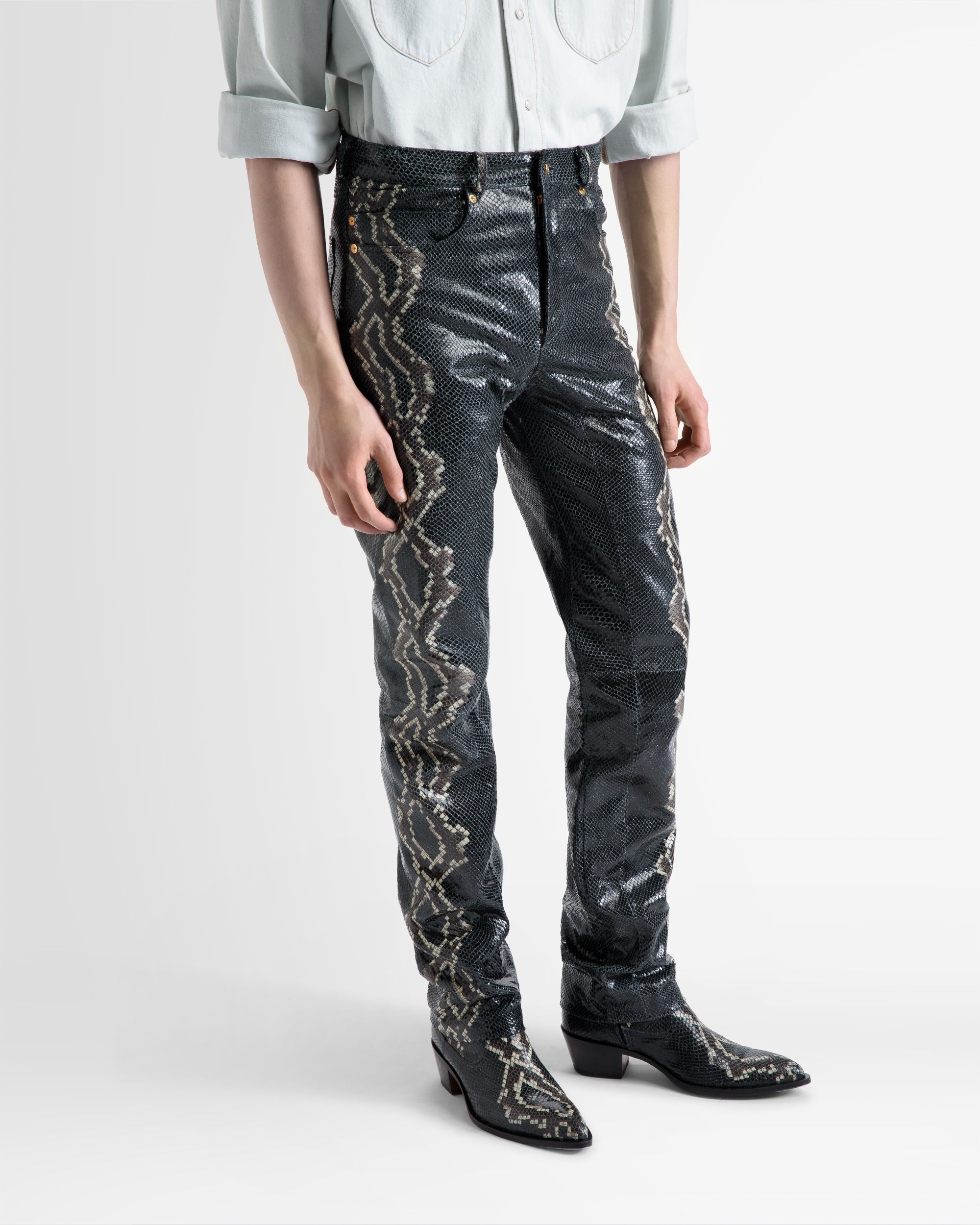 Bally Global - Straight Pants In Black Printed Leather - Multicolor