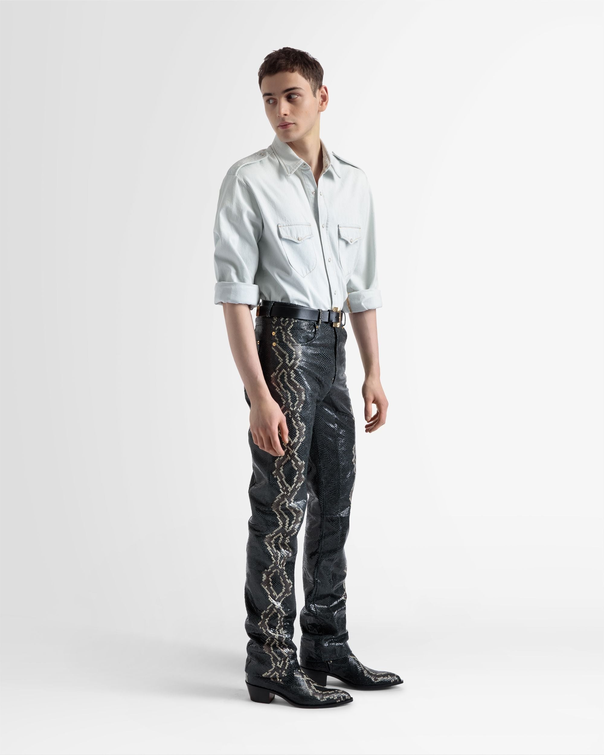 Bally Global - Straight Pants In Black Printed Leather - Multicolor