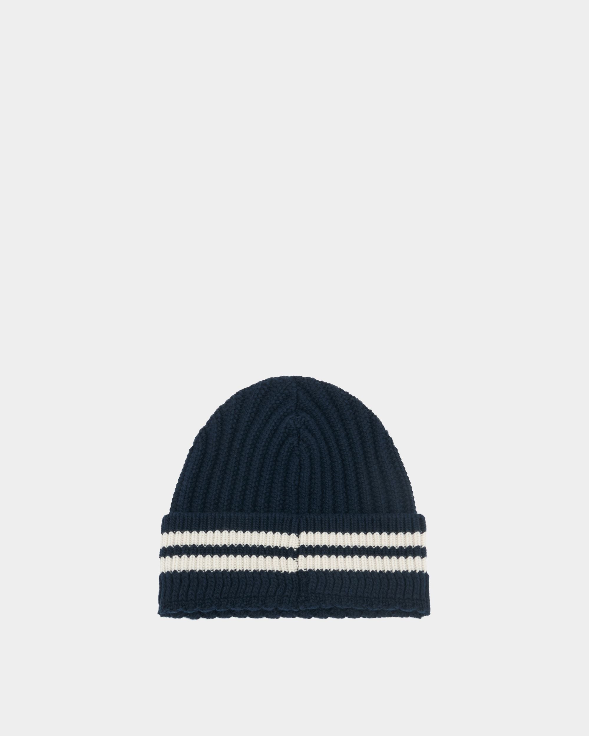 Bally Global - Beanie With Bally Stripes in Navy Blue Wool - Blue