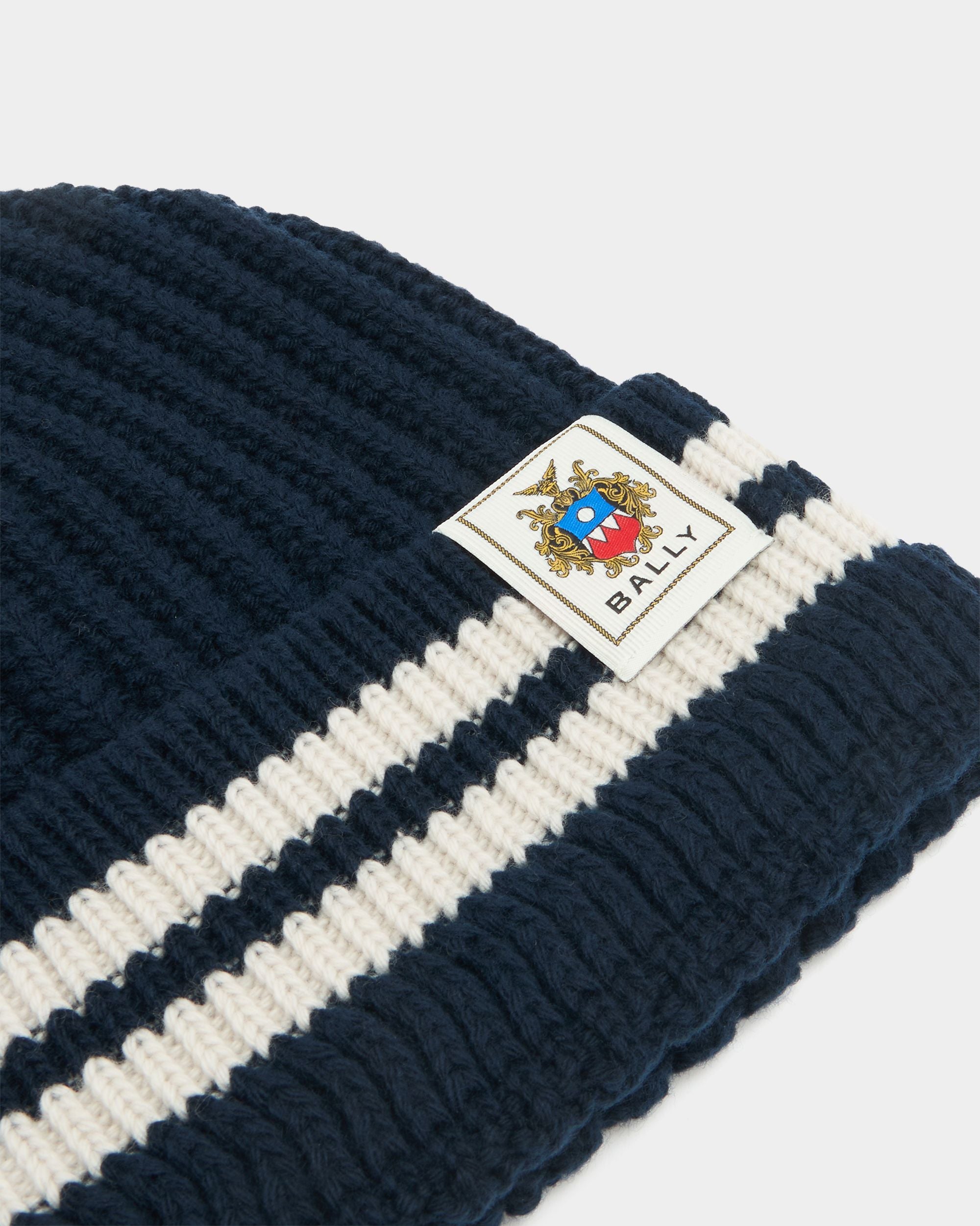 Bally Global - Beanie With Bally Stripes in Navy Blue Wool - Blue