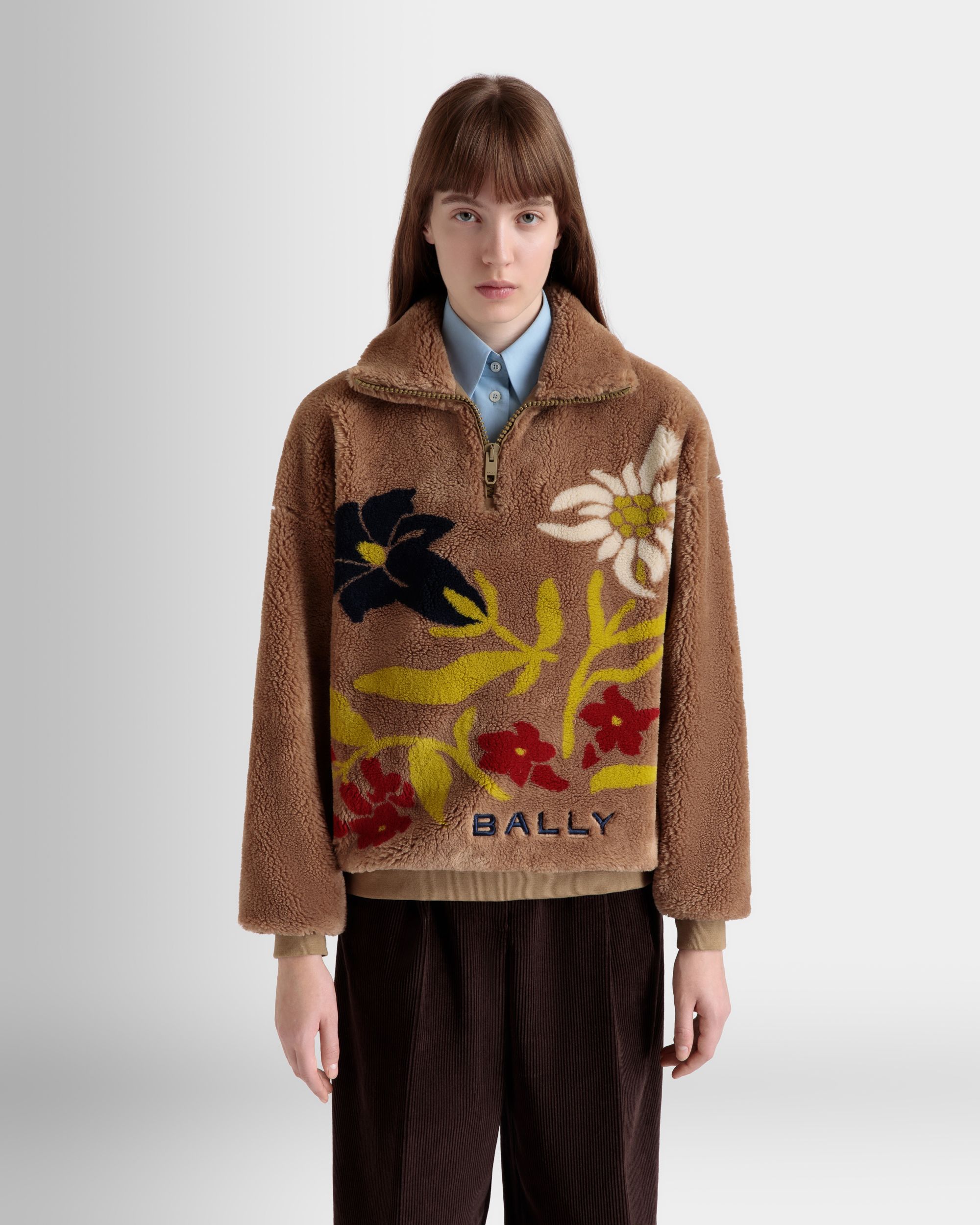 Bally Global - Sudadera De La Cápsula Winter De Felpa Cámel Con Cremallera Corta Y Alpine Flowers - Beige
