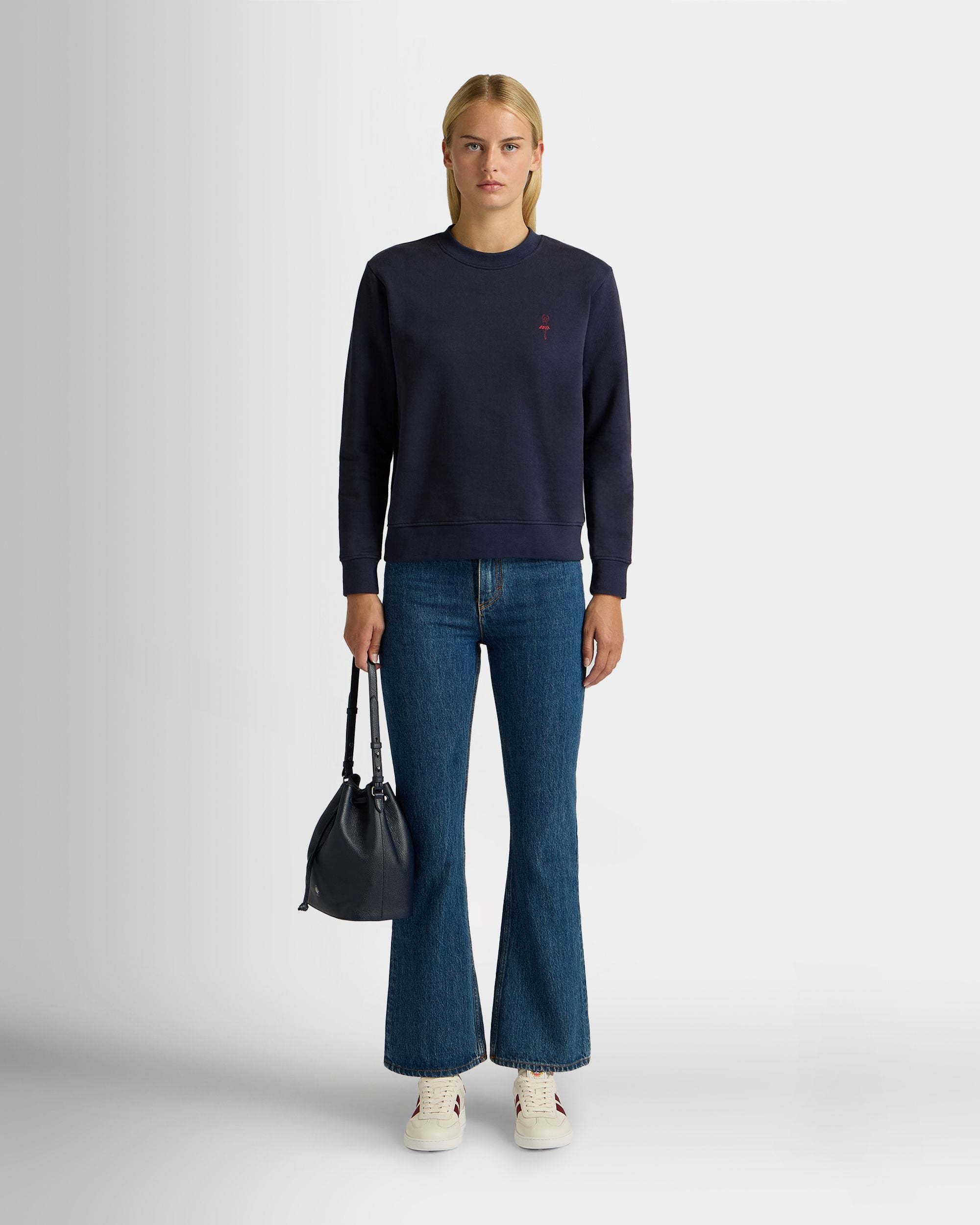 Bally Global - Crewneck Sweatshirt in Navy Blue Cotton With a Ballyrina - Blue