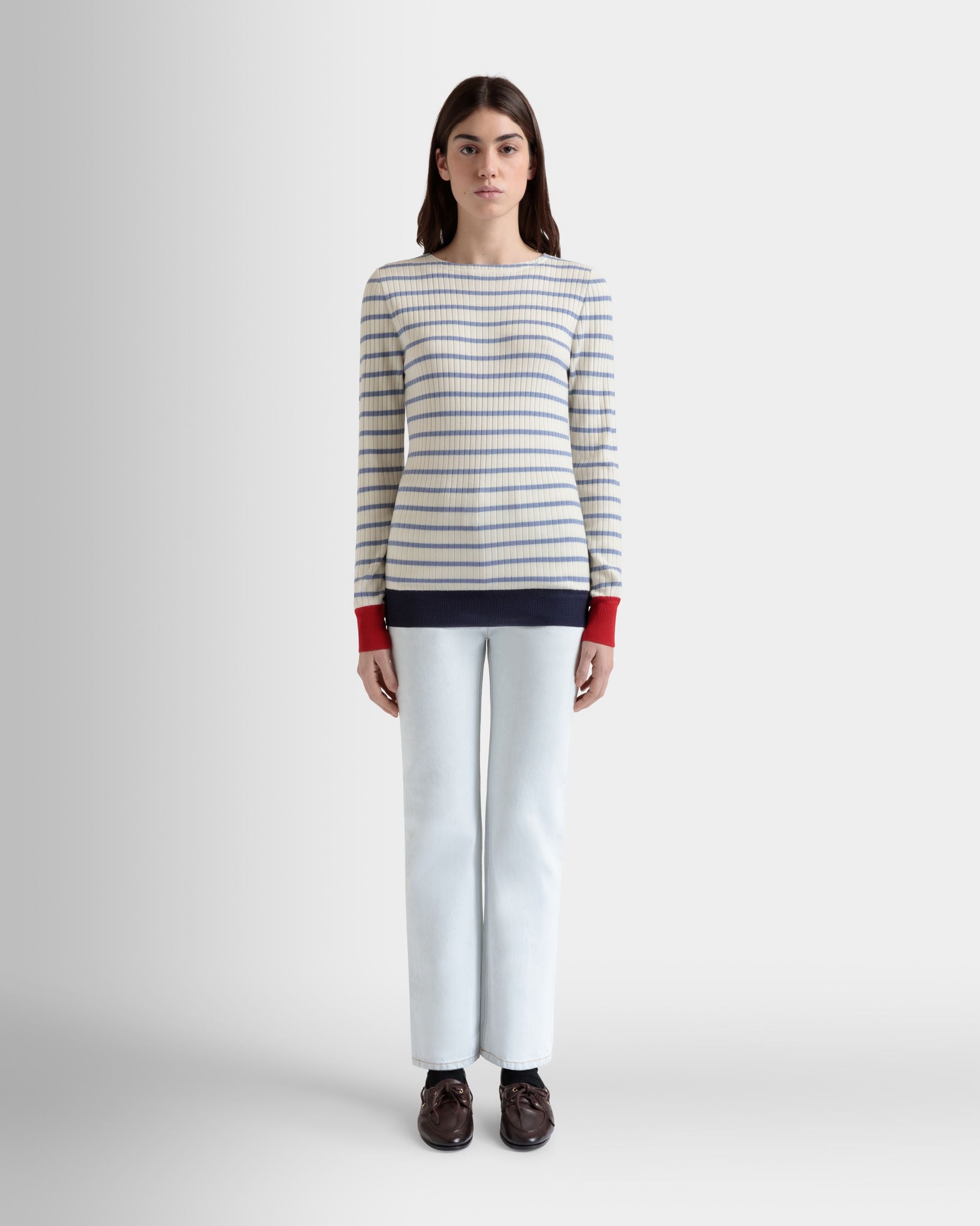 Bally Global - Long Sleeve Top in an Ivory And Light Blue Wool Blend - White