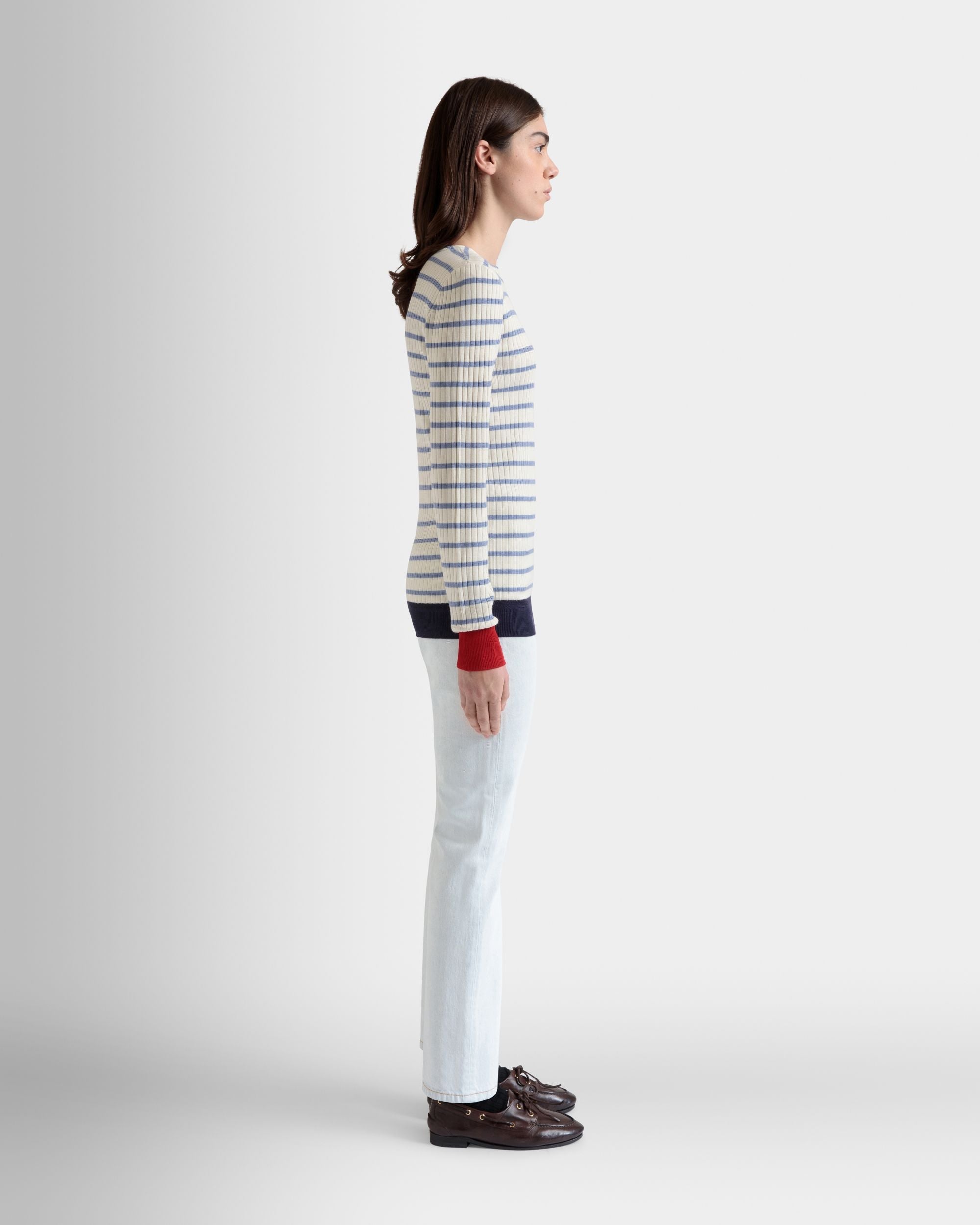 Bally Global - Long Sleeve Top in an Ivory And Light Blue Wool Blend - White