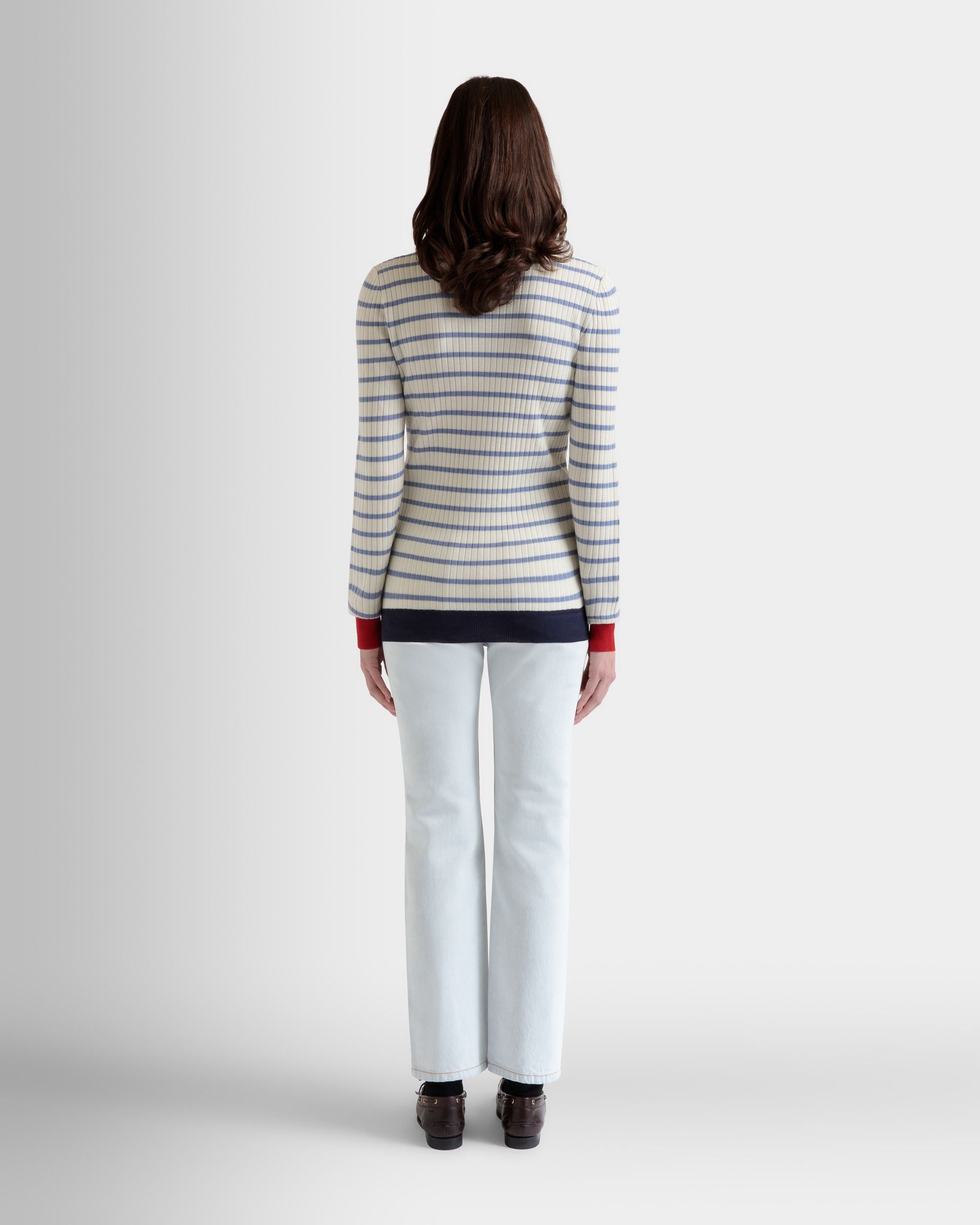 Bally Global - Long Sleeve Top in an Ivory And Light Blue Wool Blend - White