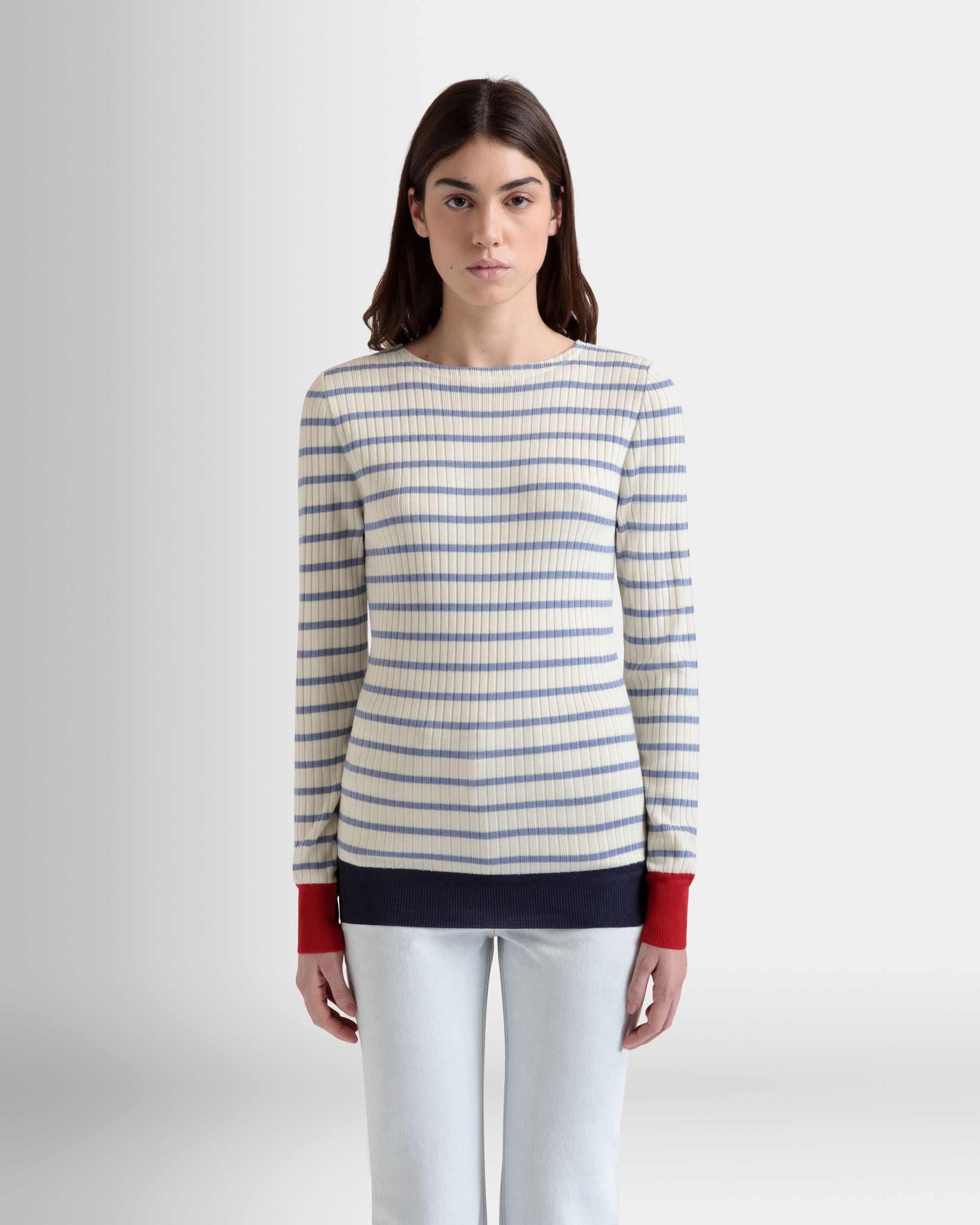 Bally Global - Long Sleeve Top in an Ivory And Light Blue Wool Blend - White
