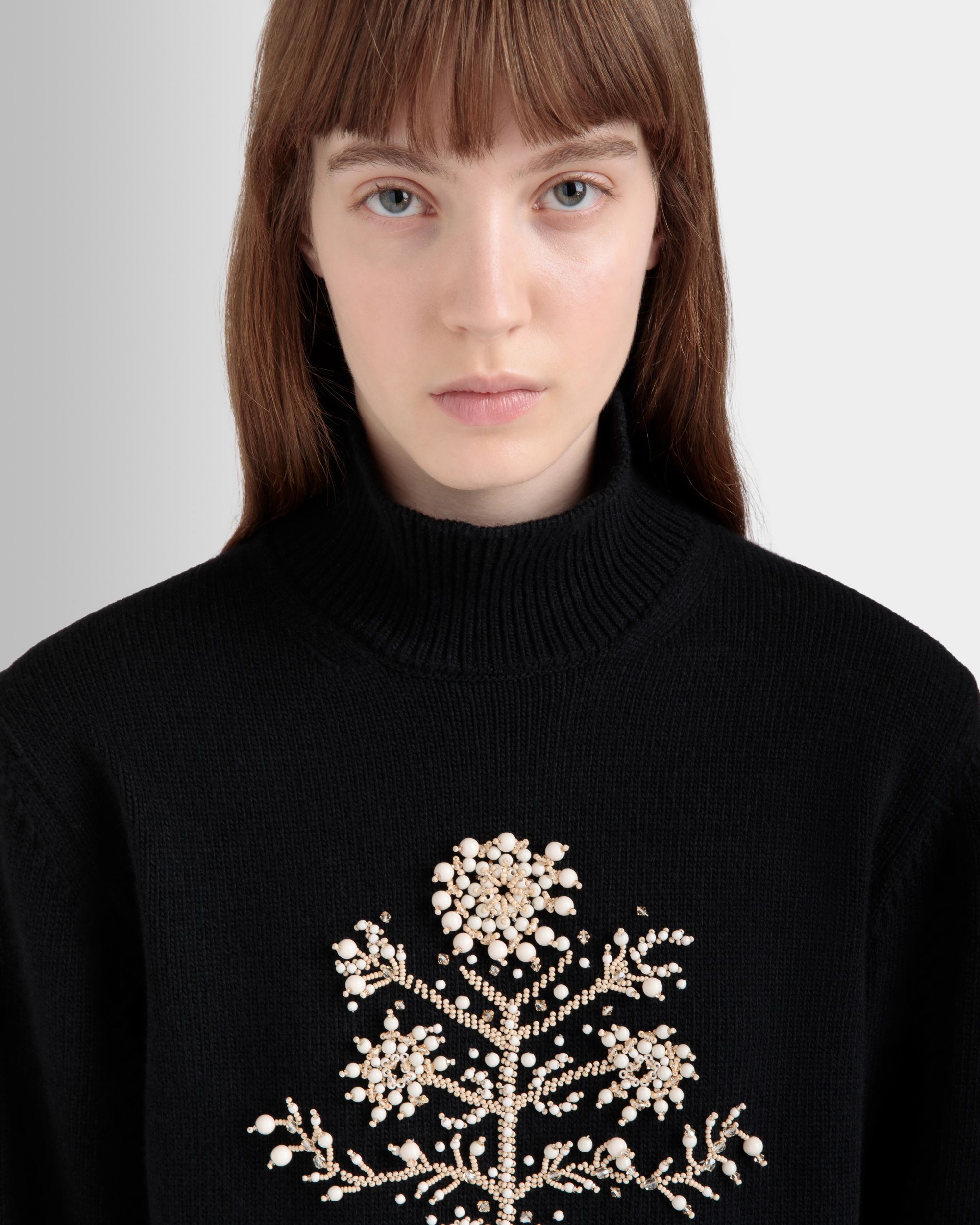 Bally Global - Winter Capsule Turtleneck Sweater with a Heritage Flower in Black Wool - Black