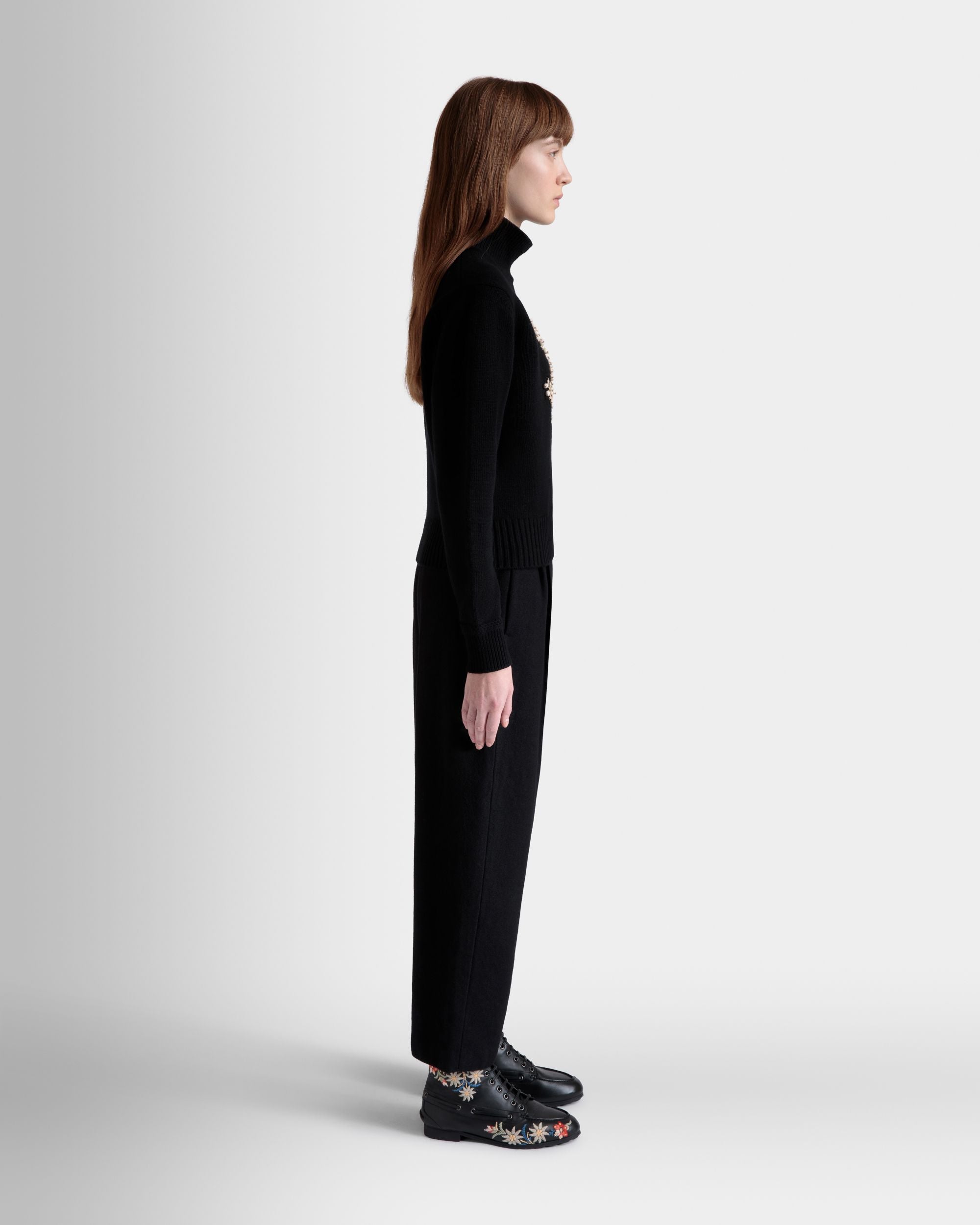 Bally Global - Winter Capsule Turtleneck Sweater with a Heritage Flower in Black Wool - Black