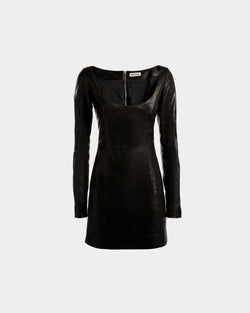 Vestido Corto De Manga Larga De Piel Negra