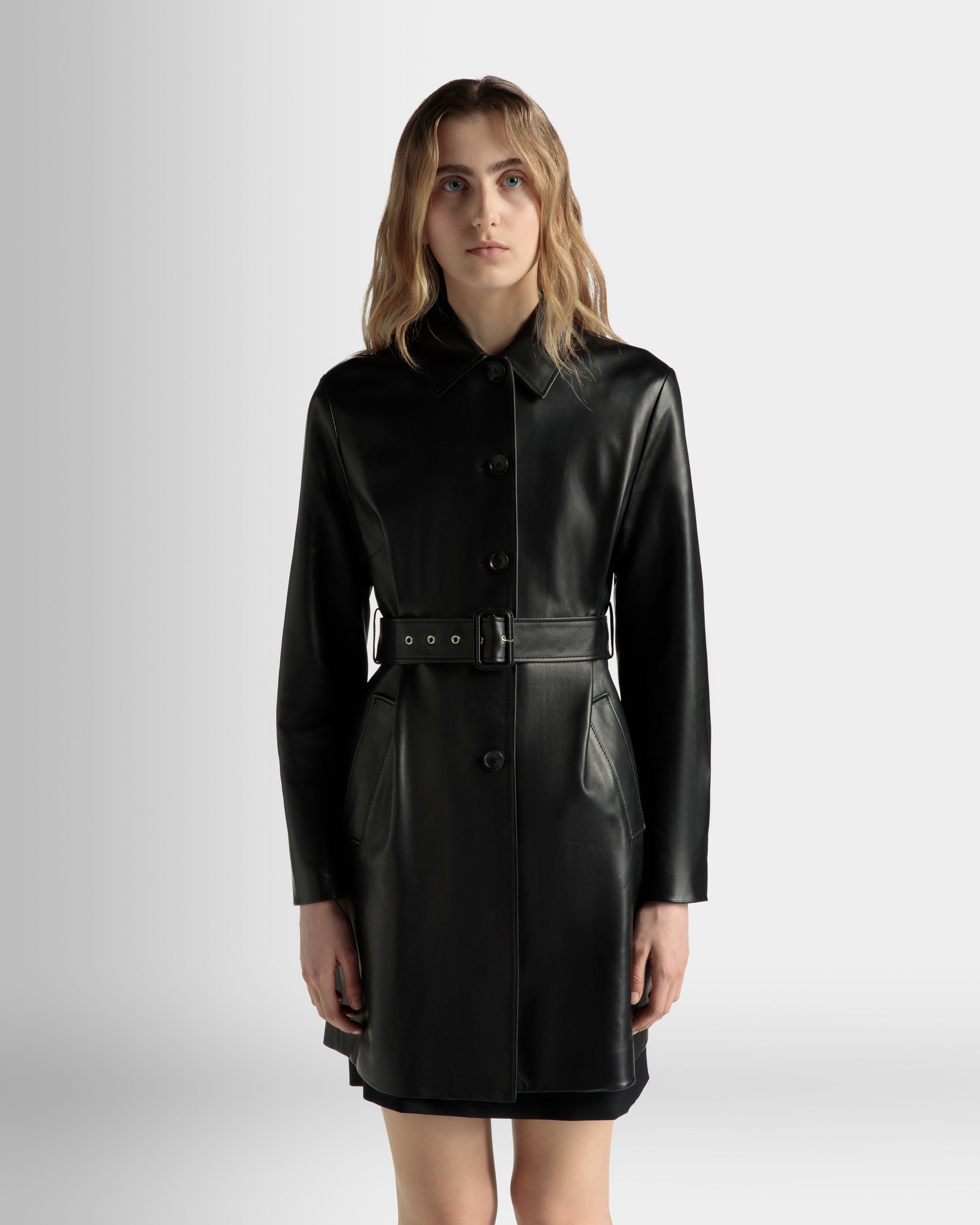 Bally Global - Belted Midi Coat in Black Leather - Black