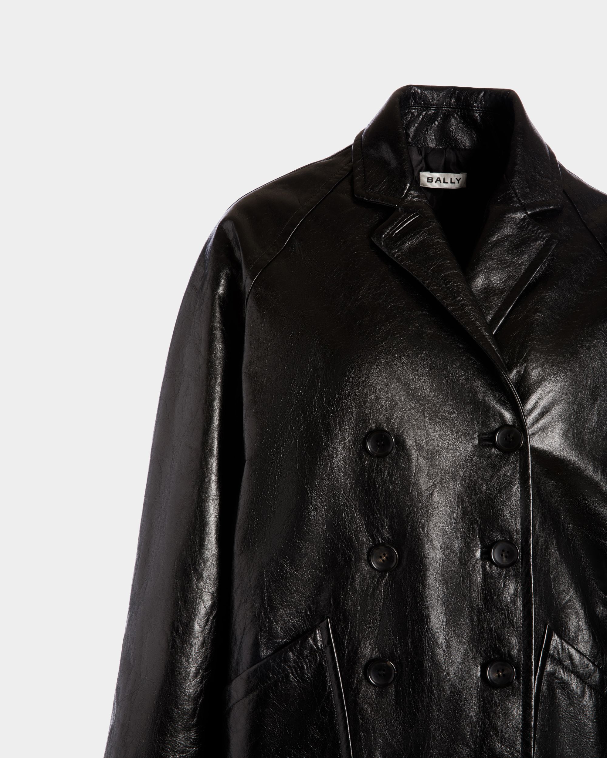 Bally Global - Double-Breasted Midi Coat In Black Leather - Black