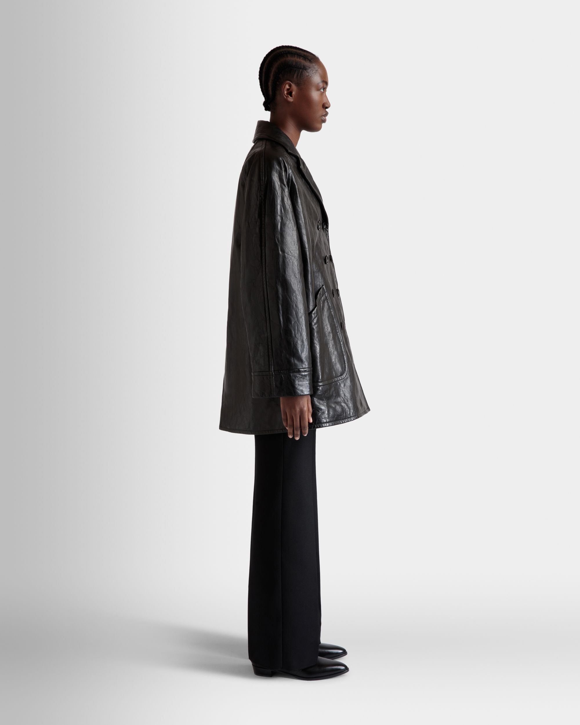 Bally Global - Double-Breasted Midi Coat In Black Leather - Black