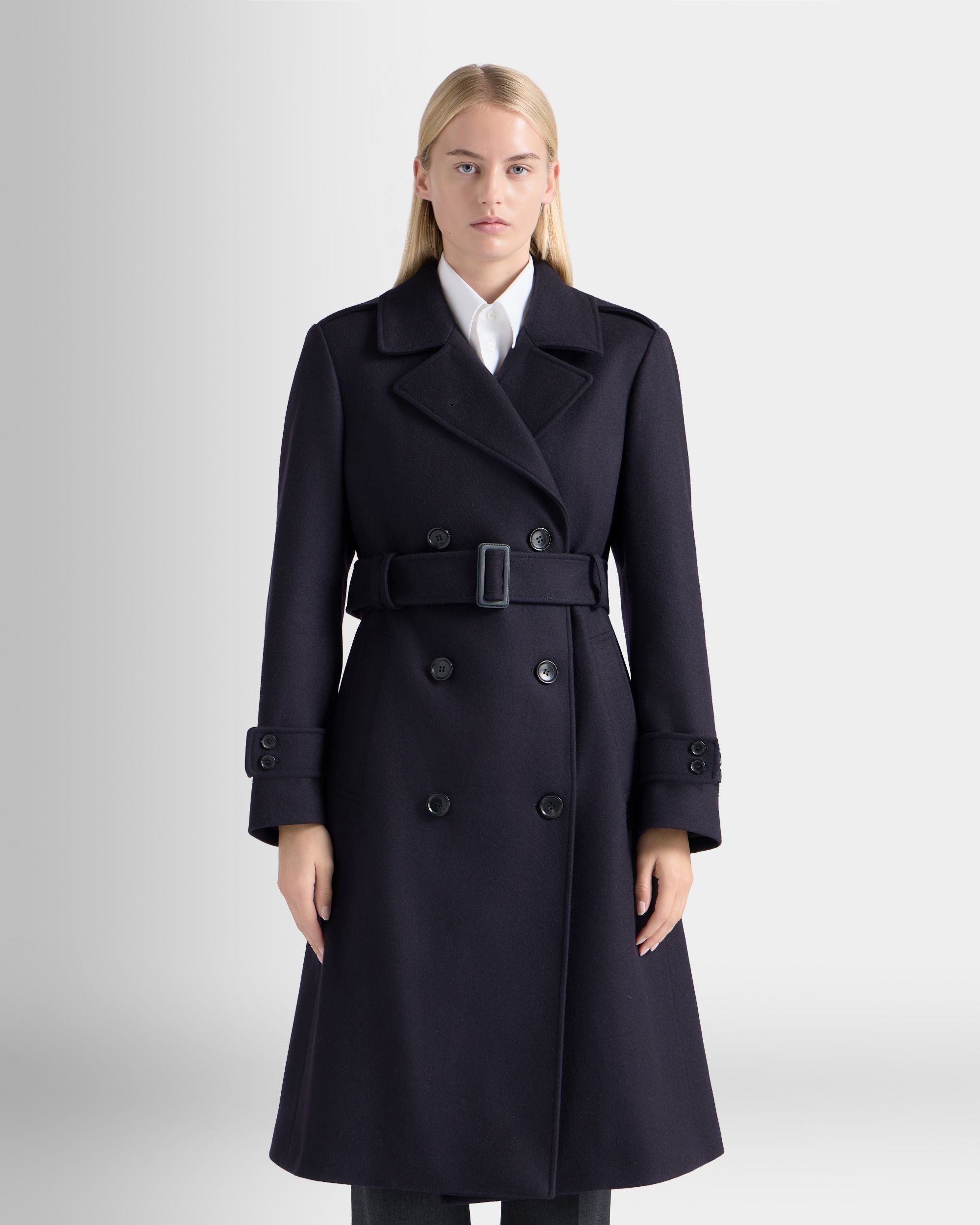 Bally Global - Trench Coat in a Navy Blue Wool Blend - Blue