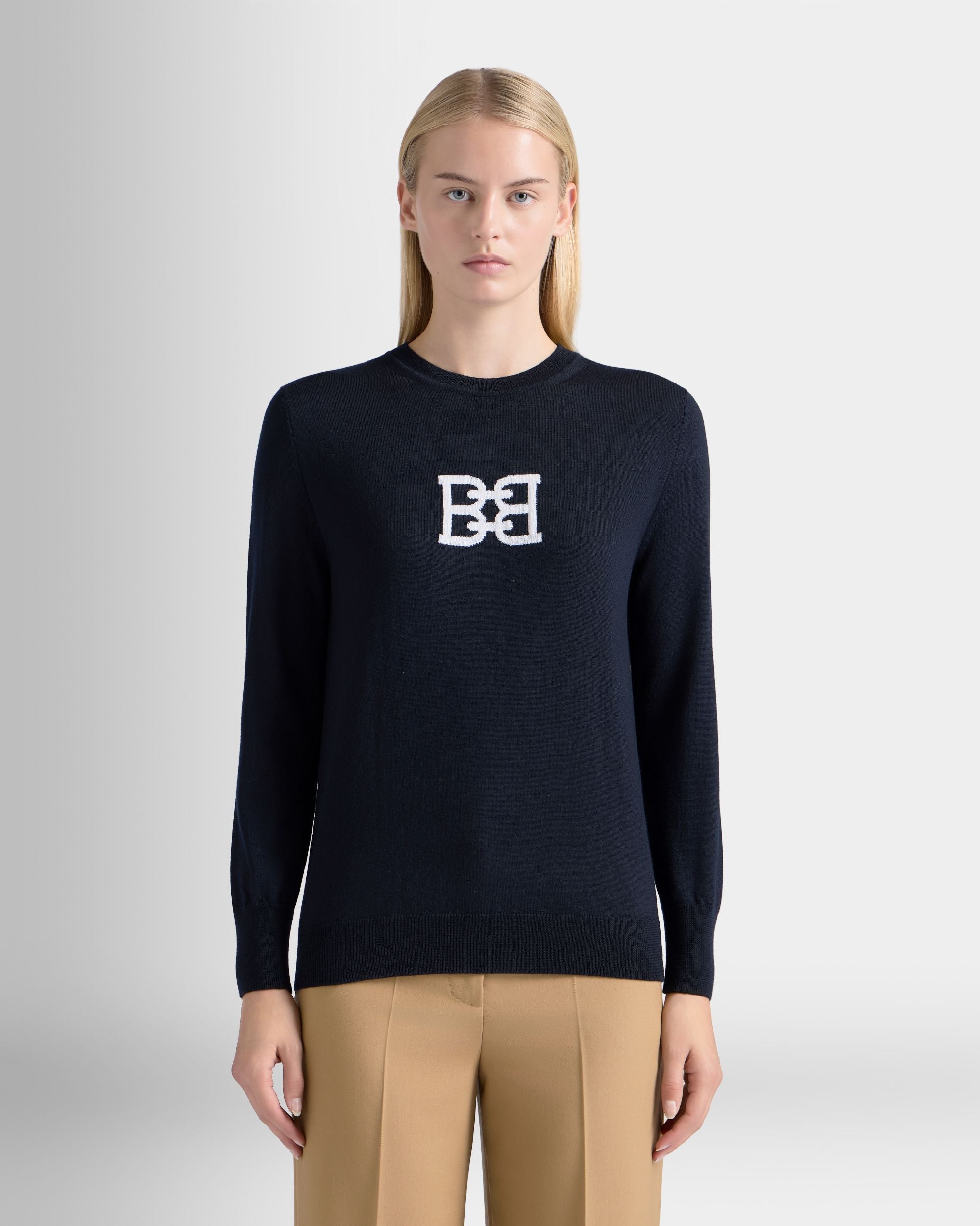 Bally Global - Crewneck Sweater in Navy Blue Wool - Blue