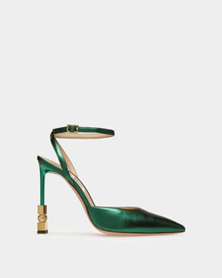Block Ankle Strap Pump In Metallic Leather