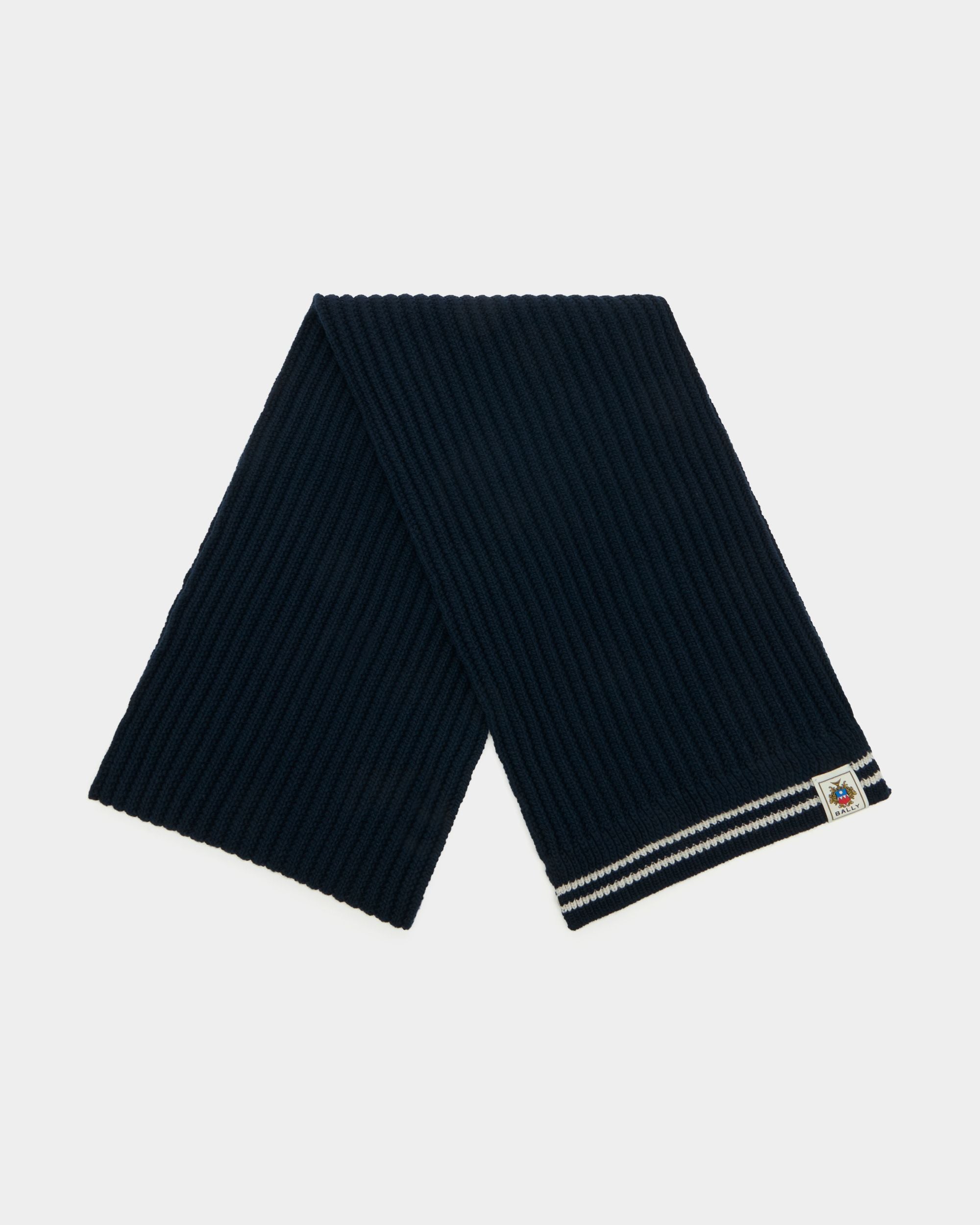 Bally Global - Scarf With Bally Stripes in Navy Blue Wool - Blue