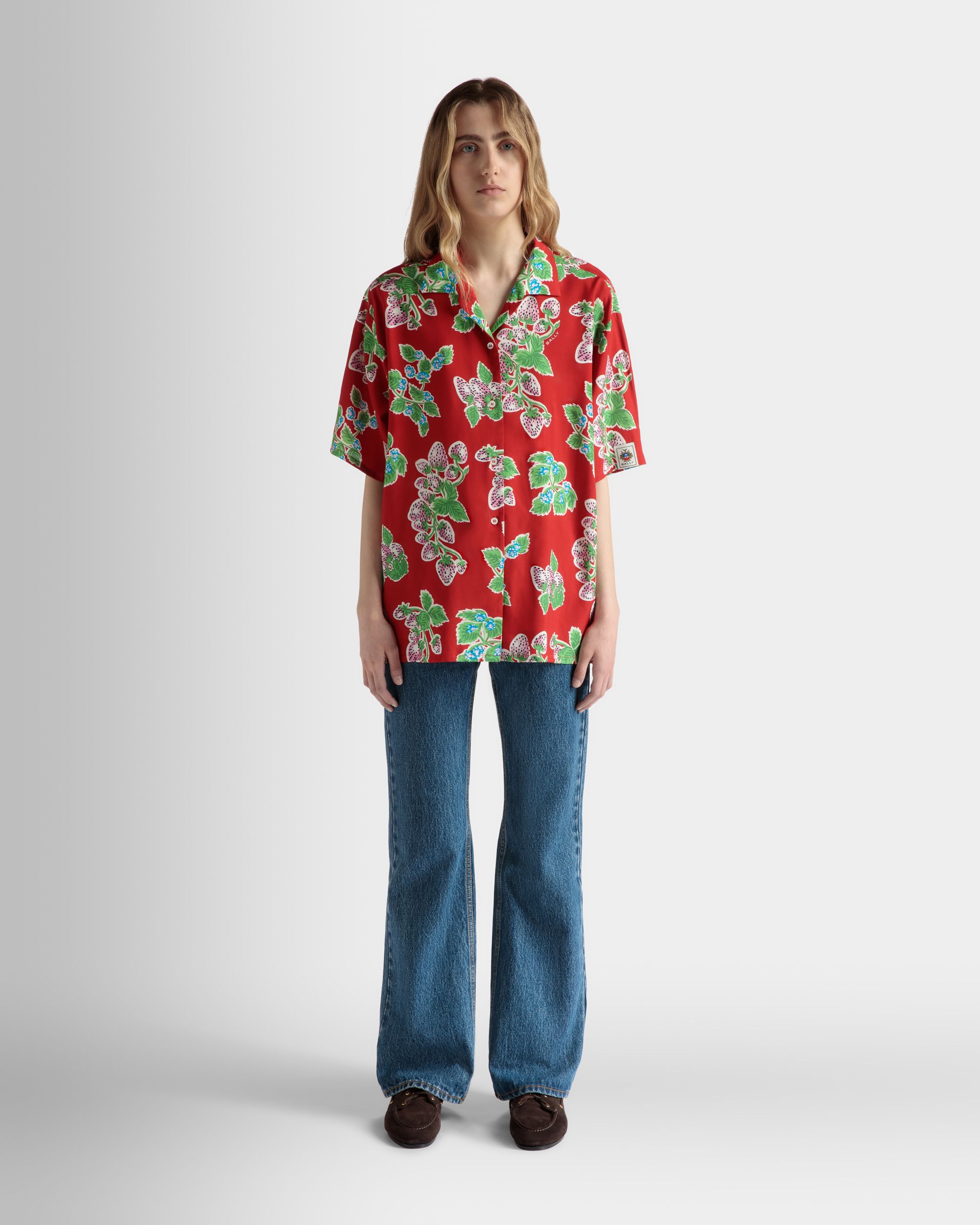 Bally Global - Printed Oversized Shirt in Strawberry Print Fluid Poplin - Rouge