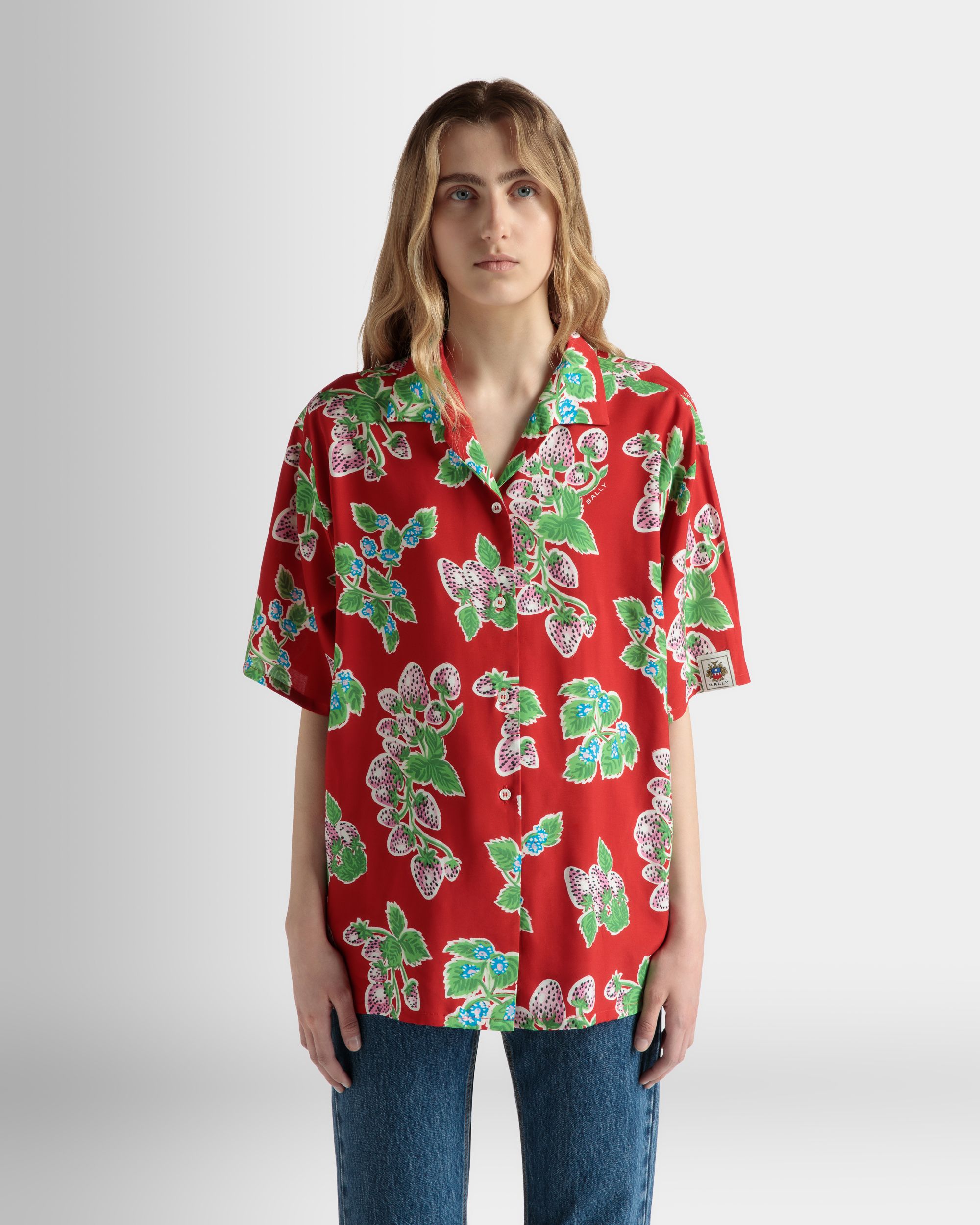 Bally Global - Printed Oversized Shirt in Strawberry Print Fluid Poplin - Rouge
