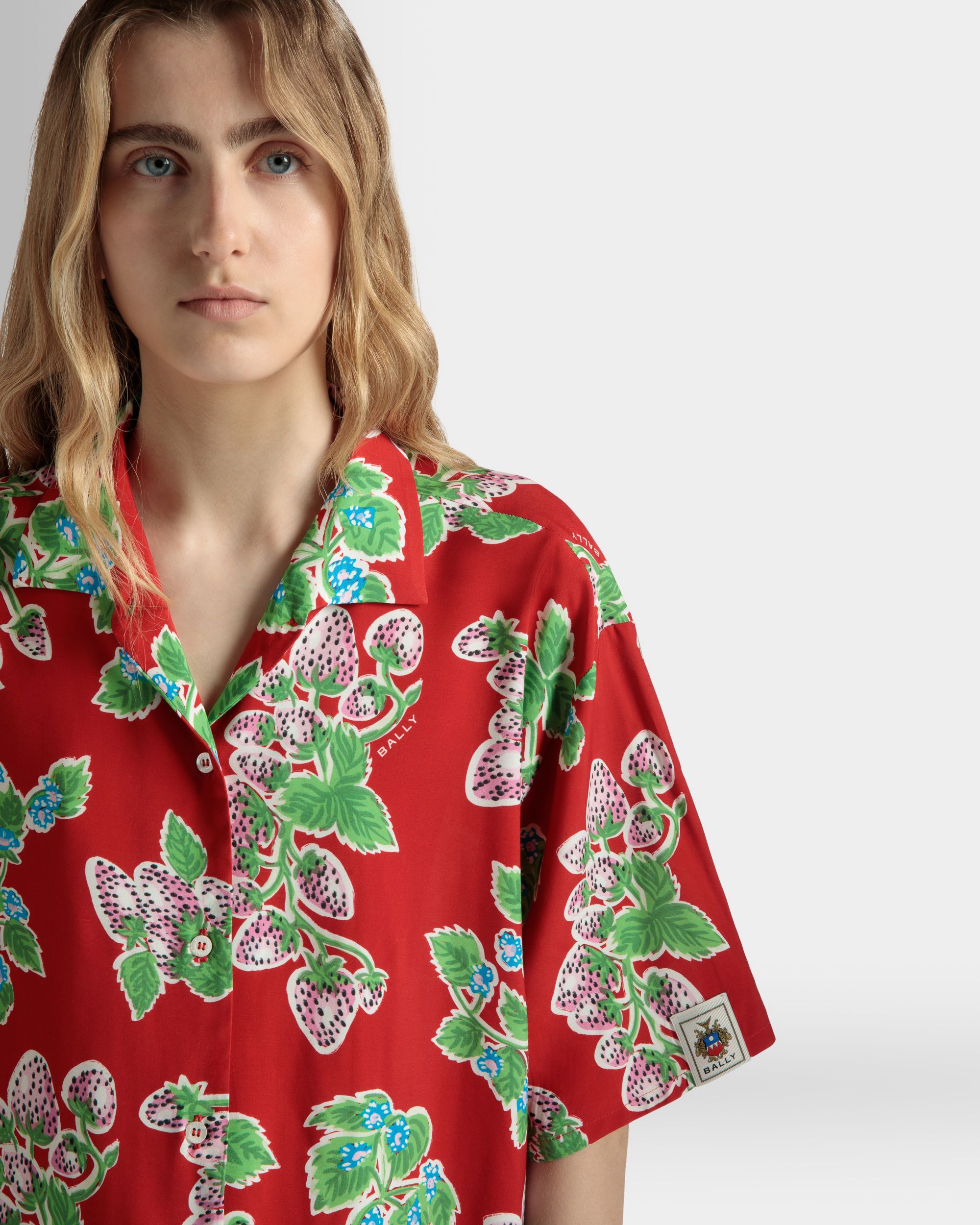 Bally Global - Printed Oversized Shirt in Strawberry Print Fluid Poplin - Rouge