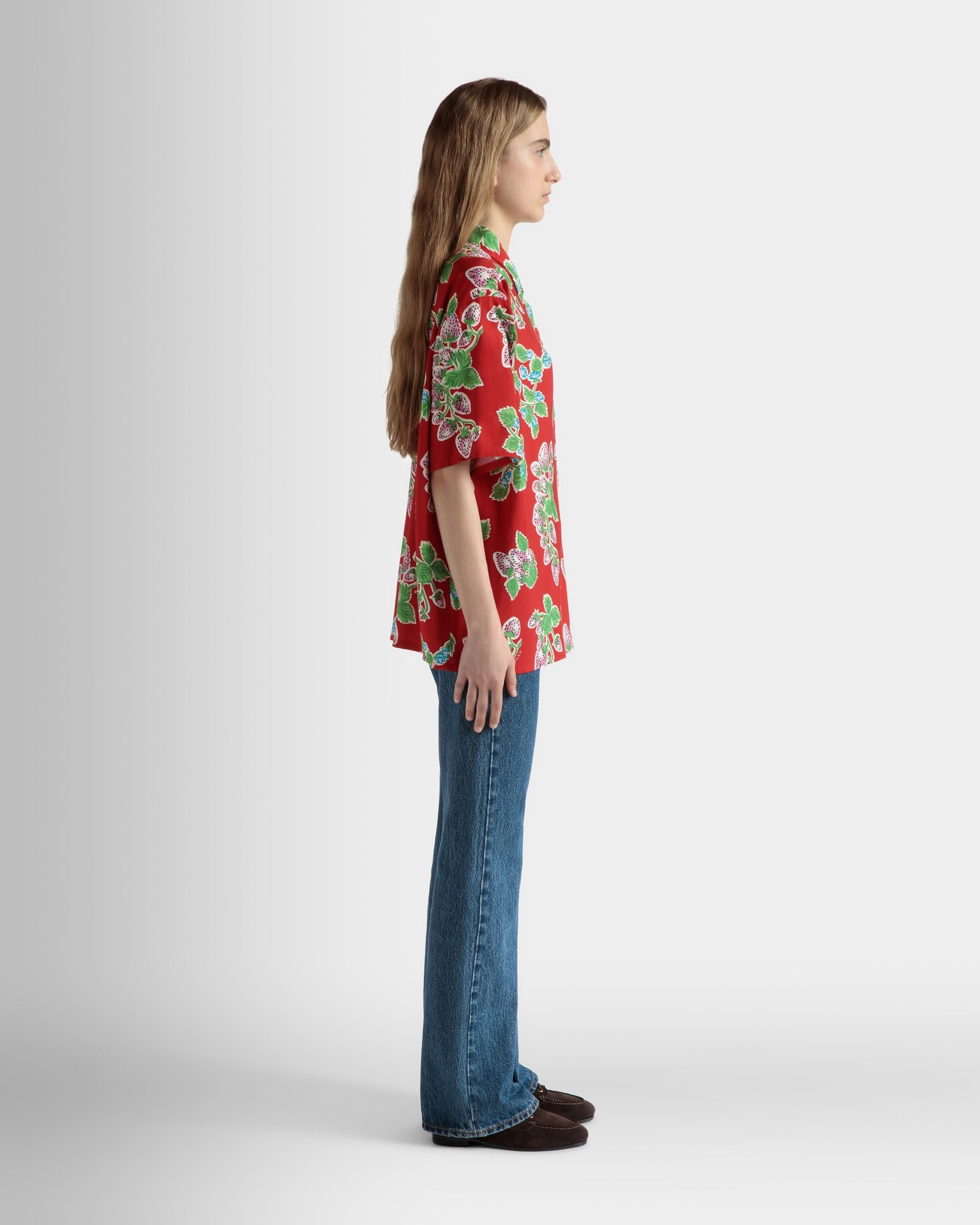 Bally Global - Printed Oversized Shirt in Strawberry Print Fluid Poplin - Rouge