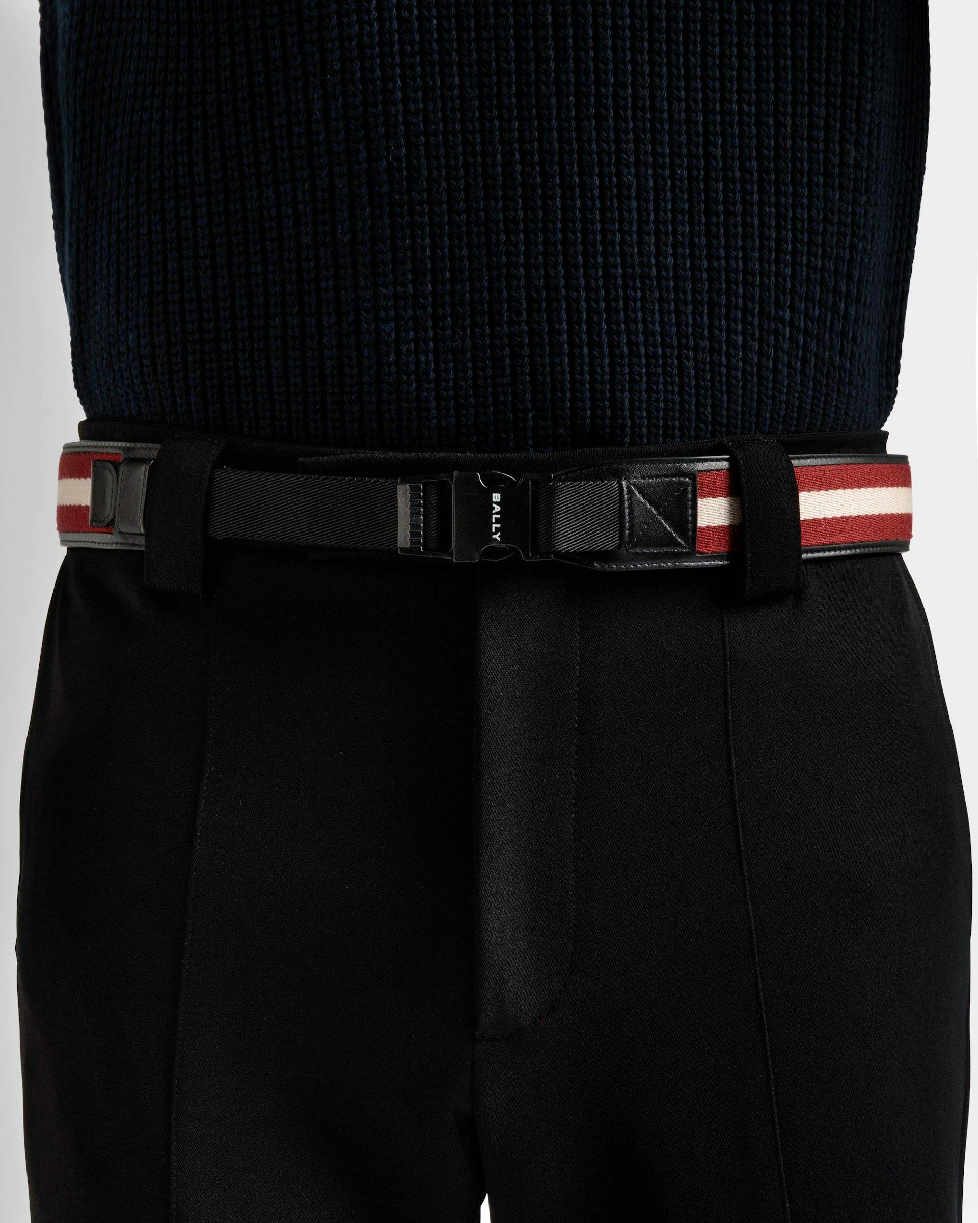 Men's Tobyn 40Mm Belt In Red, White And Black Fabric And Leather | Bally | On Model Front