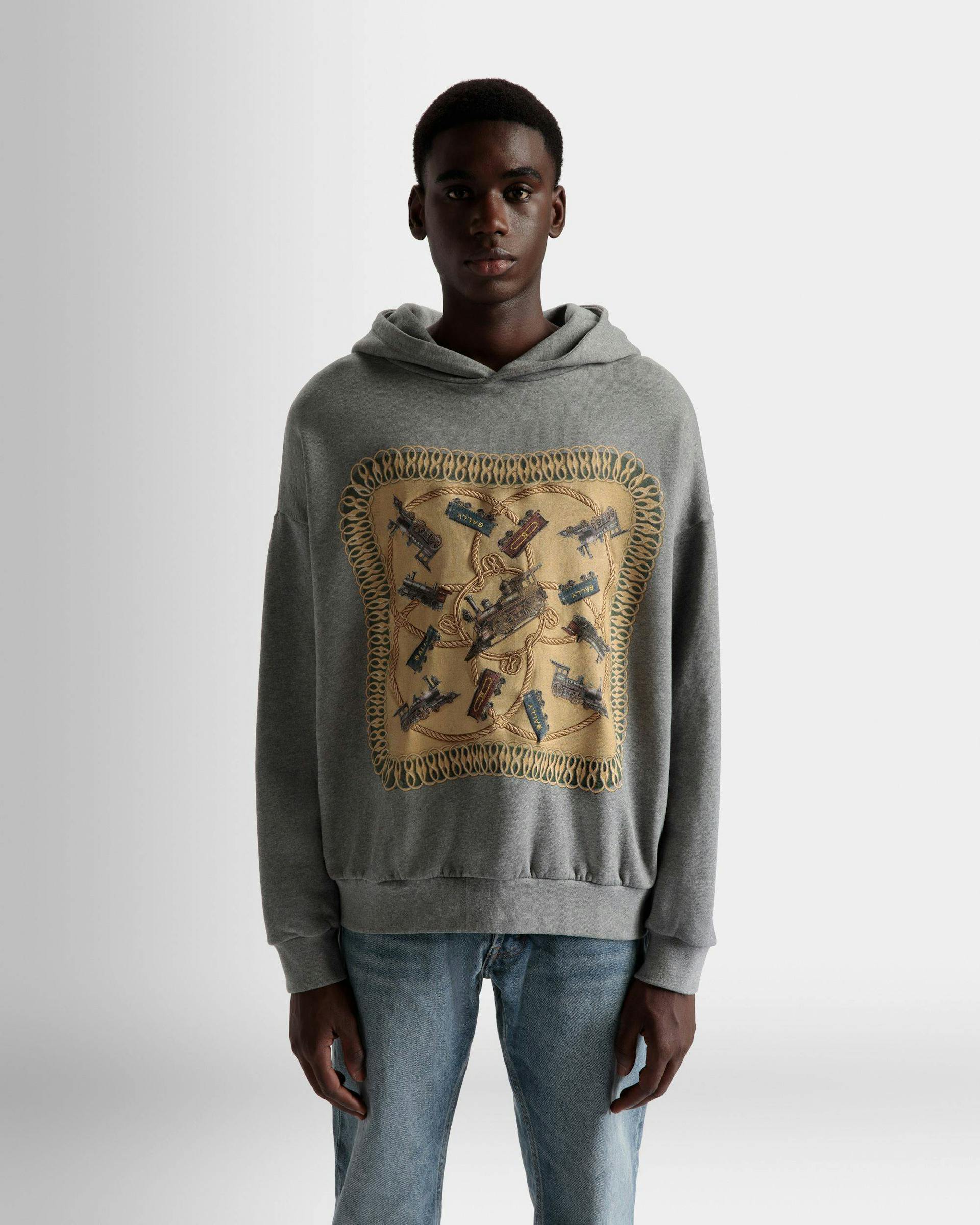 Train Print Hooded Sweatshirt In Gray Melange Cotton - Men's - Bally - 03