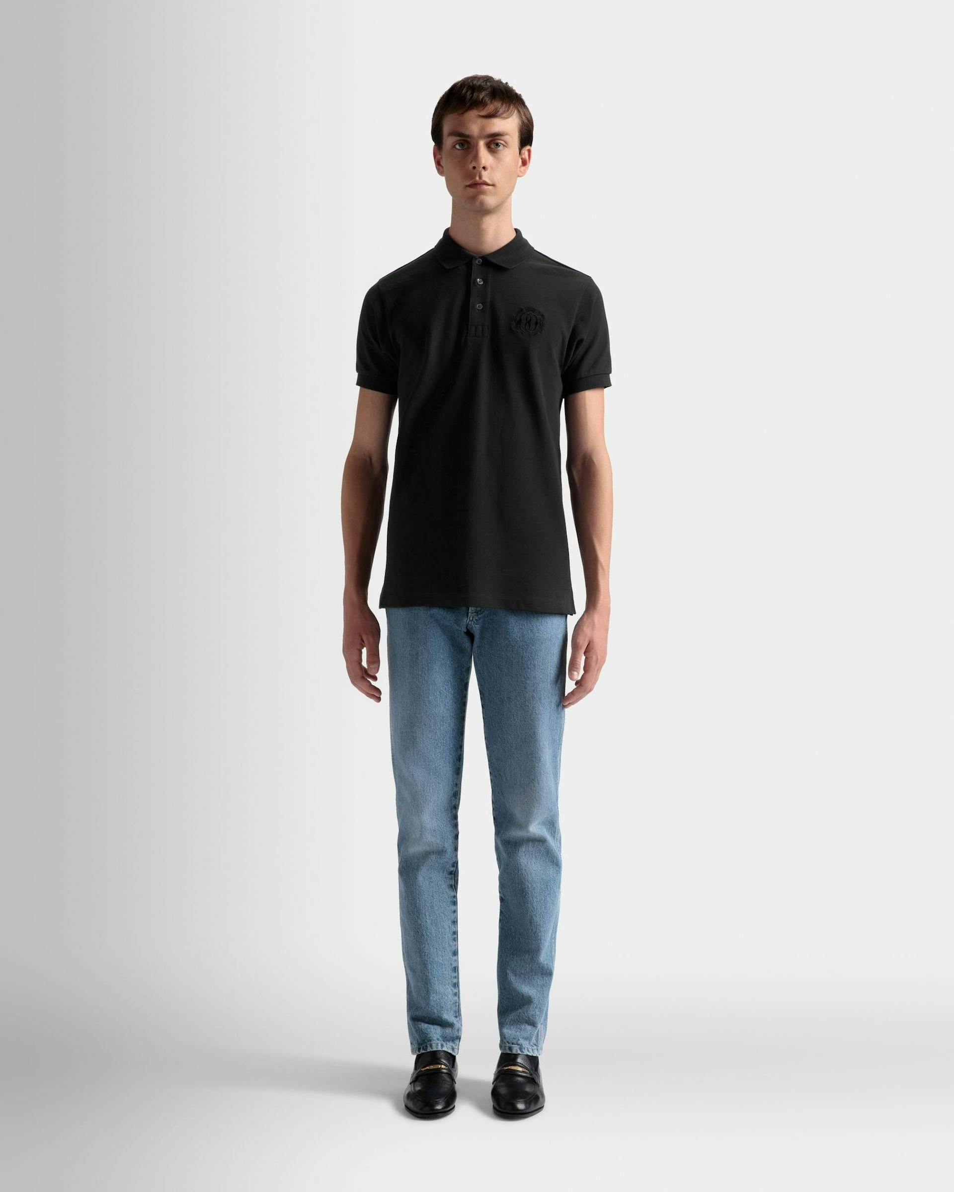 Men's Emblem Polo In Black Cotton | Bally | On Model Front